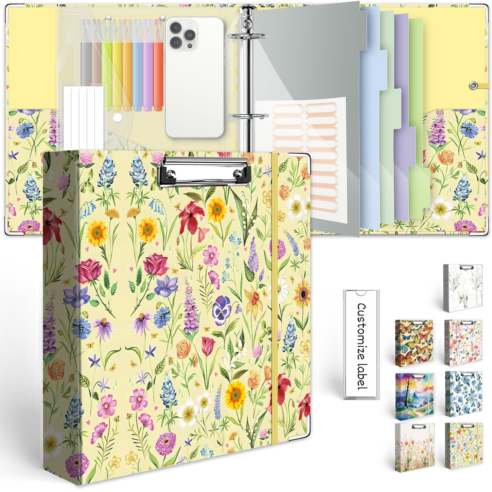 3 Ring Binder 2 Inch, Three Ring Binders Organizer with Clipboard, 5-Tabs Pockets Dividers, Plastic Folder, 18 Divider Stikers, KLLVE Cute Binder with