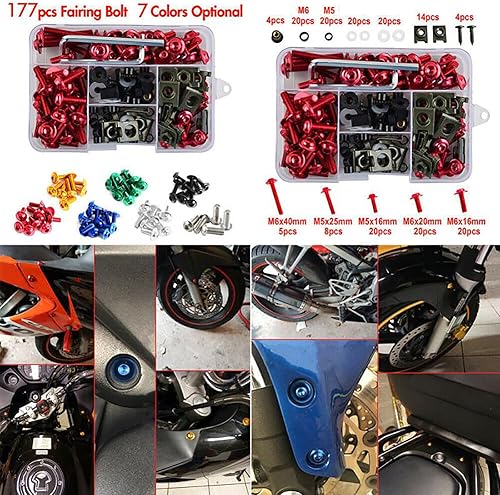 Miniatura 5 de Kit de tornillos de carenado para motocicleta, 177 tornillos de carrocería, repuesto de tuerca, aleación CNC, M6 M5, tuerca de clip para