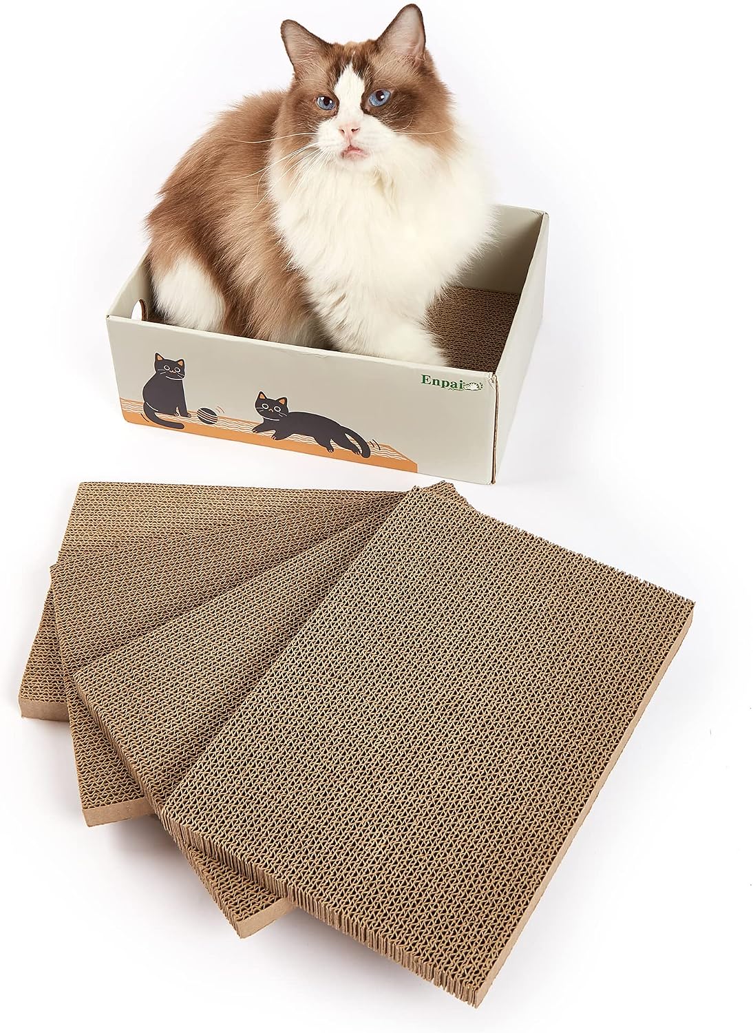 Morran Cat Scratch Pad，Cardboard Cat Scratcher for Indoor Kitty，5 PCS in 1 Scratching pad with Box，Refill Lounge for Small and Medium Cats