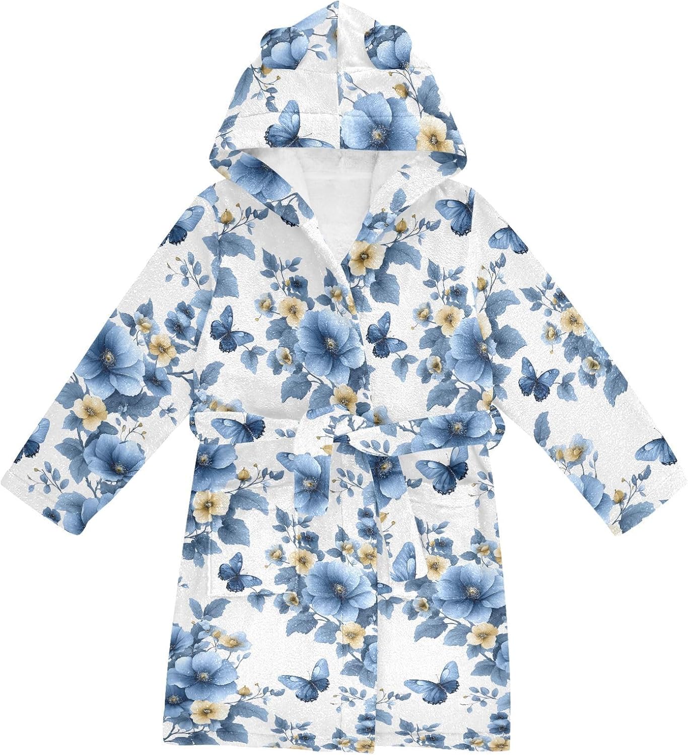 senya Blue Flower Rose Butterflies Toddler Hooded Bathrobe Kids Soft Plush Bath Towel Robes for Boys Girls 2-12 Years