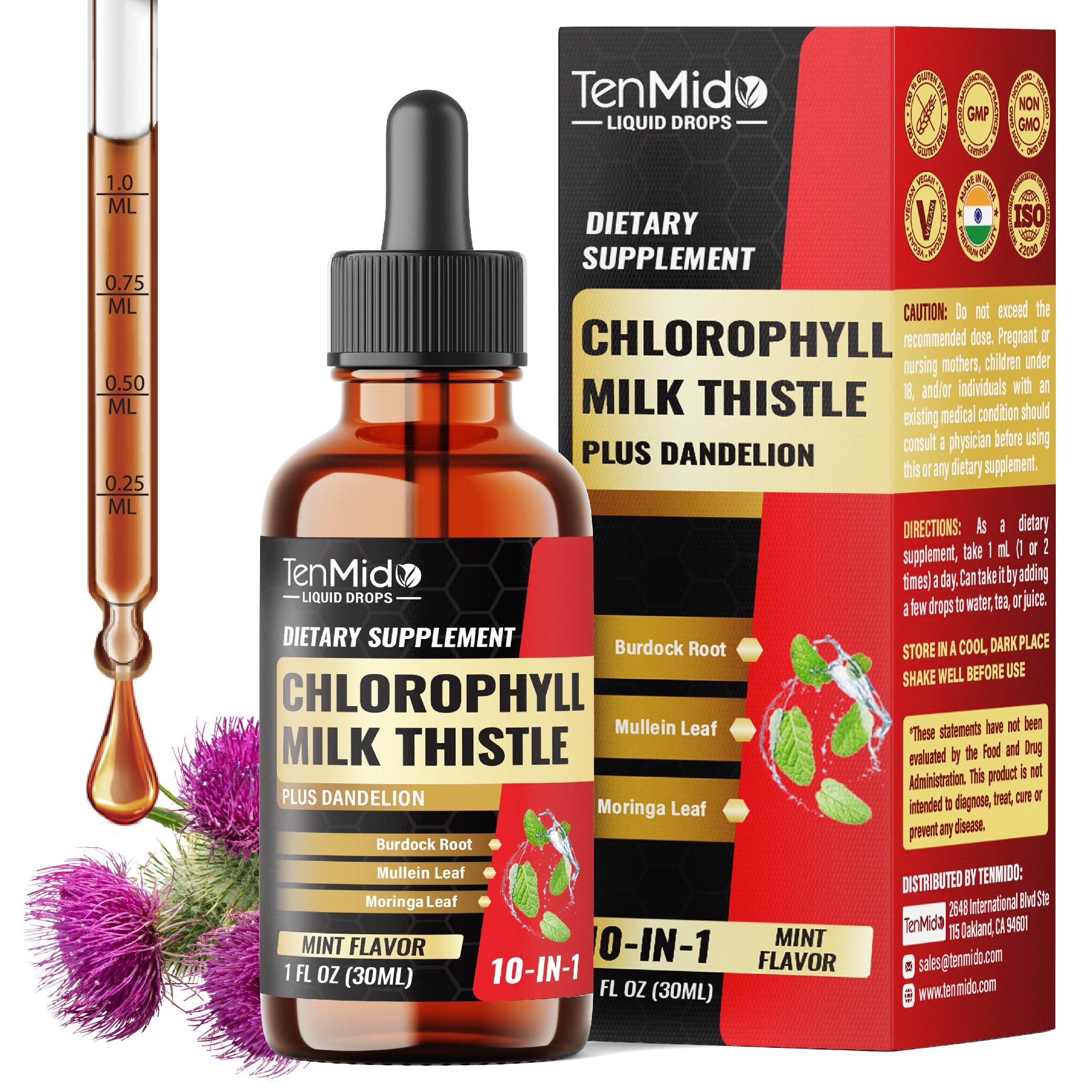 10in1 Chlorophyll Liquid Drops with Mullein, Milk Thistle, Dandelion, Burdock Root, Moringa, Neem, Aloe Vera, Peppermint, and Ginger - 30 Days Supply - 1 FL Oz