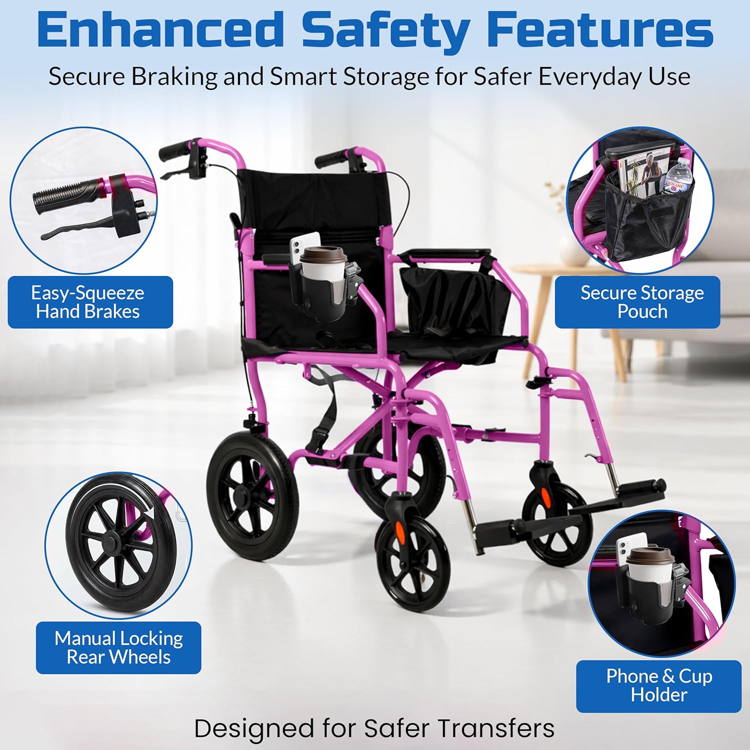 Platinum Health Hummingbird™ Ultra-Lightweight Foldable Transport Wheelchair, Handbrakes,12-Inch Rear Wheels, Extra-Wide Seat. Convenient Table-Length Padded Armrests. (Sunrise Pink)