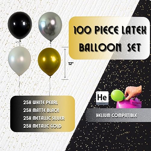 Miniatura 3 de Juego de 100 globos de lujo  Globos de látex de 12 pulgadas en oro metálico, plata, negro y perla blanca  Perfecto para cumpleaños, bodas,