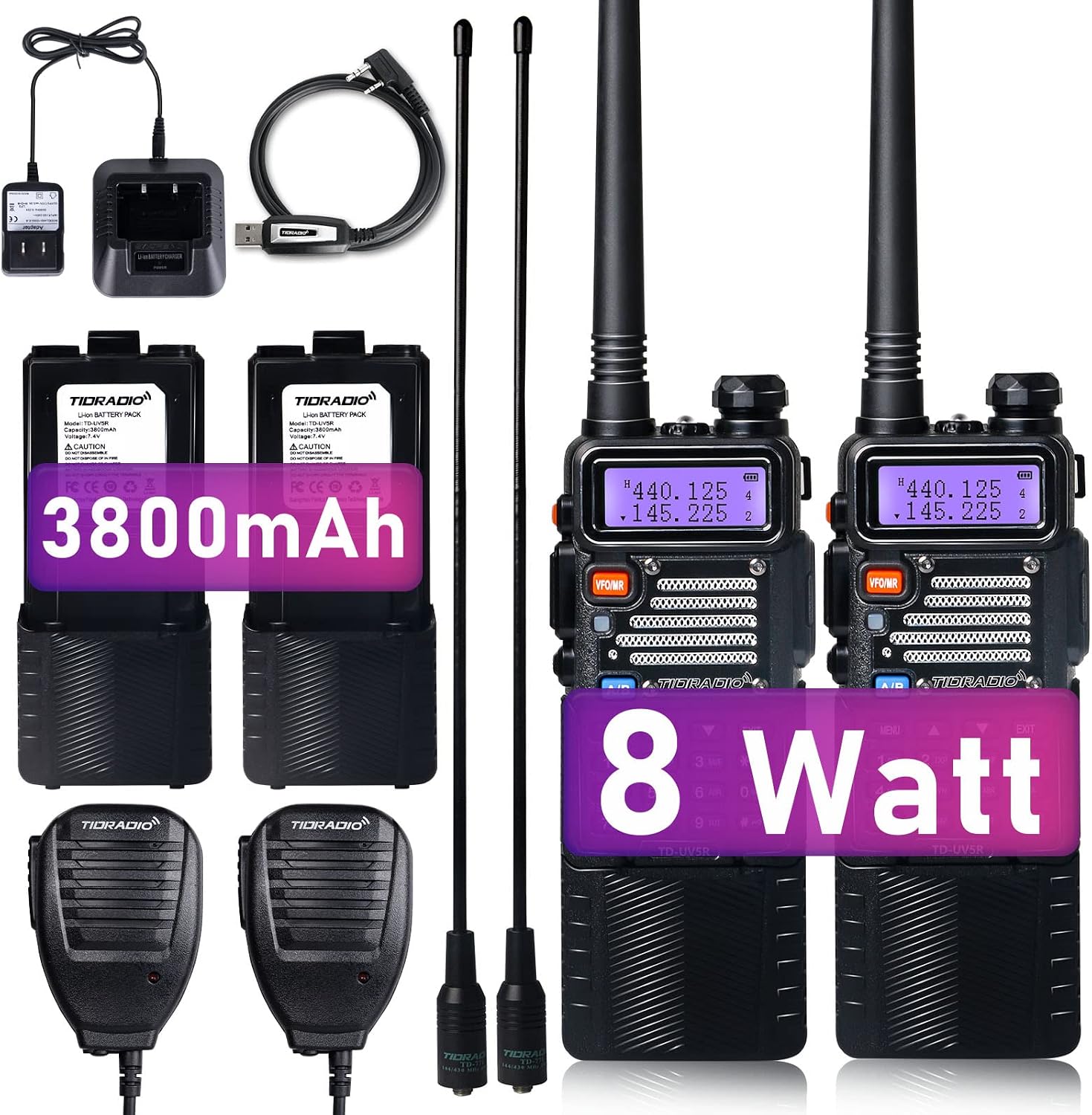 TIDRADIO UV-5R 8Watt Ham Radio Handheld Upgraded from TIDRADIO UV-5R Dual Band Walkie Talkies with 3800mAh Battery, Programming Cable, TD-771 Antenna (2 Pack)