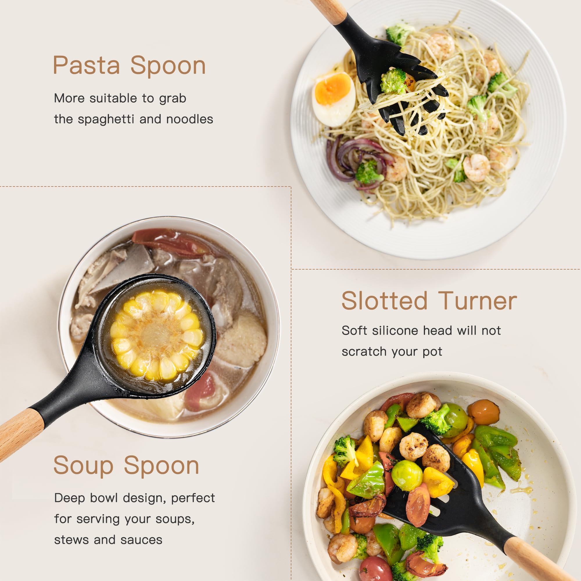 Astercook Kitchen Utensils Set, 39 PCS Silicone Cooking Utensils Set with Wooden Handle, 446°F Heat Resistant Food Grade Utensil Sets, BPA Free Kitchen Gadgets Tools Set for Nonstick Cookware (Black)