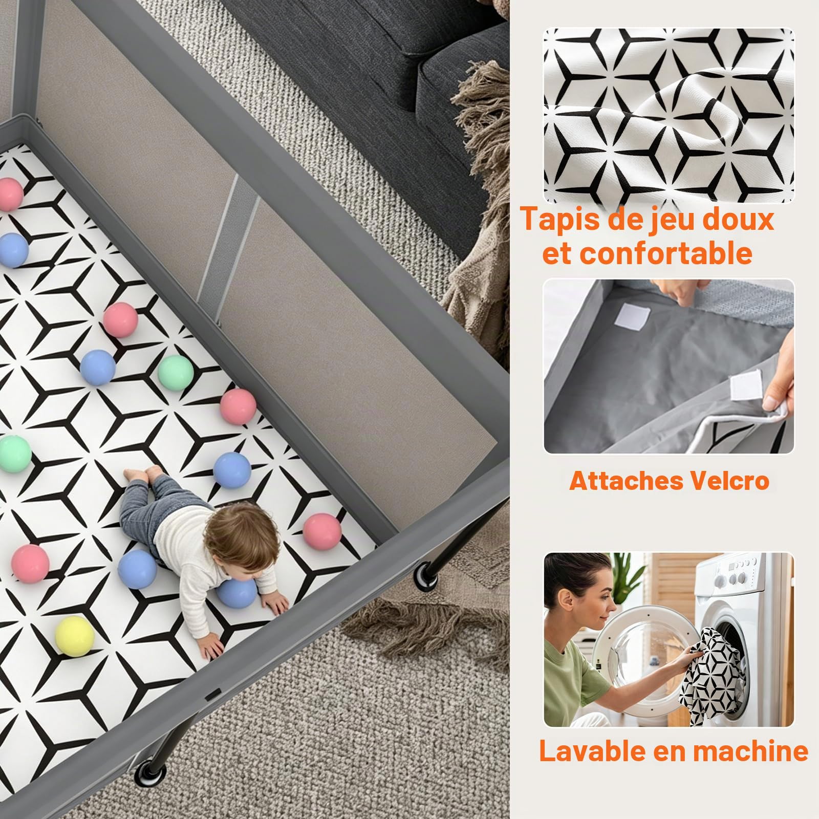 Parc pliable pour bébé avec tapis – Portable, spacieux et robuste pour bébés et tout-petits, installation rapide en 1 minute, facile à transporter, parc de jeu pliable pour une utilisation en