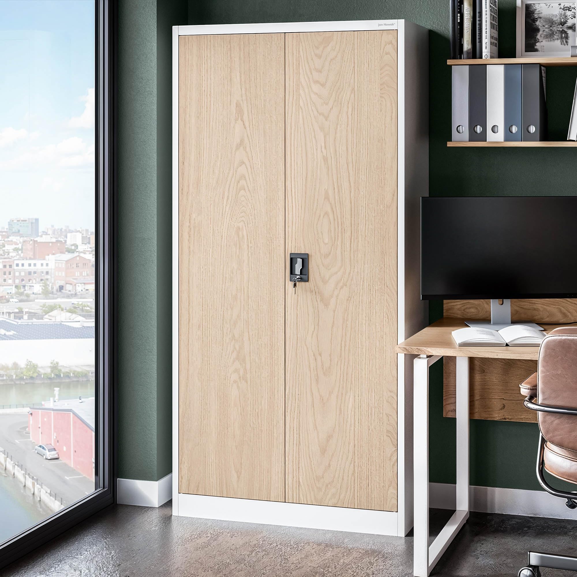 Jan Nowak Armoire de Bureau métallique 4 étagères tôle d'acier revêtement en Poudre 185 cm x 90 cm x 40 cm (Blanc/Imitation Bois)