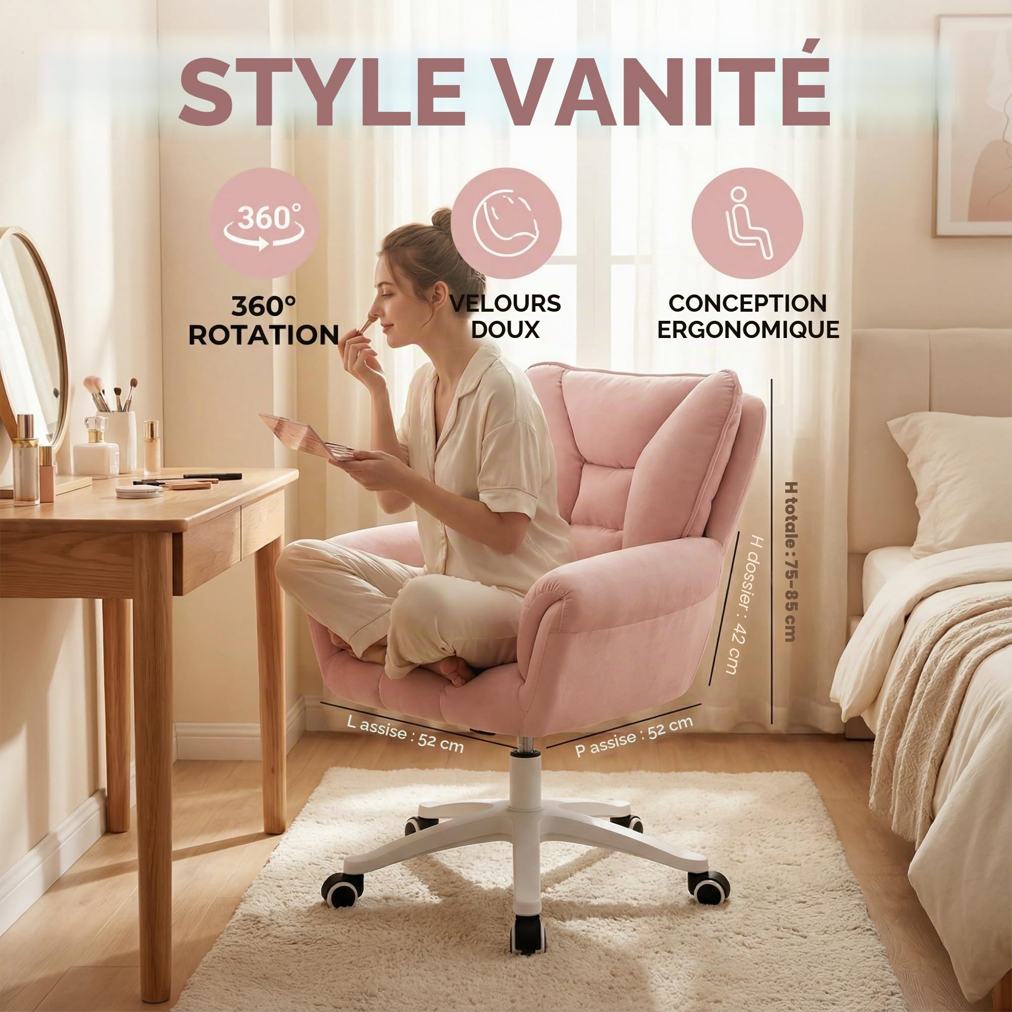 Chaise De Bureau, Coiffeuse À roulettes, Réglable en Hauteur, Capacité Charge Jusqu'à 120 Kg, for Domicile, Chambre Coucher, Cadeau(Pink)