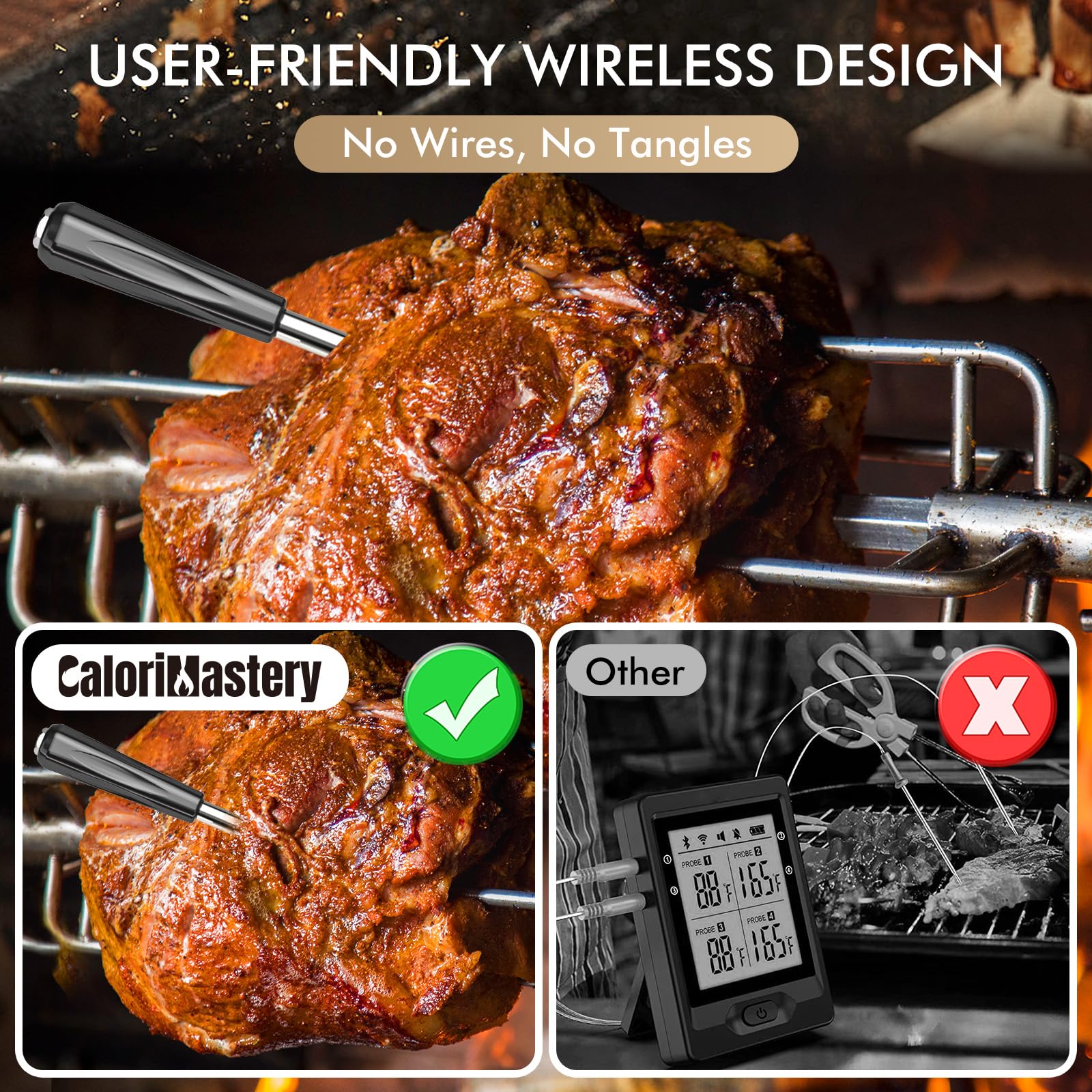 Wireless Meat Thermometer: 500FT Bluetooth Smart Meat Thermometer for Cooking and Grilling, CaloriMastery Digital Food Thermometer with Ultra-Thin Probe for Oven Safe, Kitchen, Smoker, BBQ