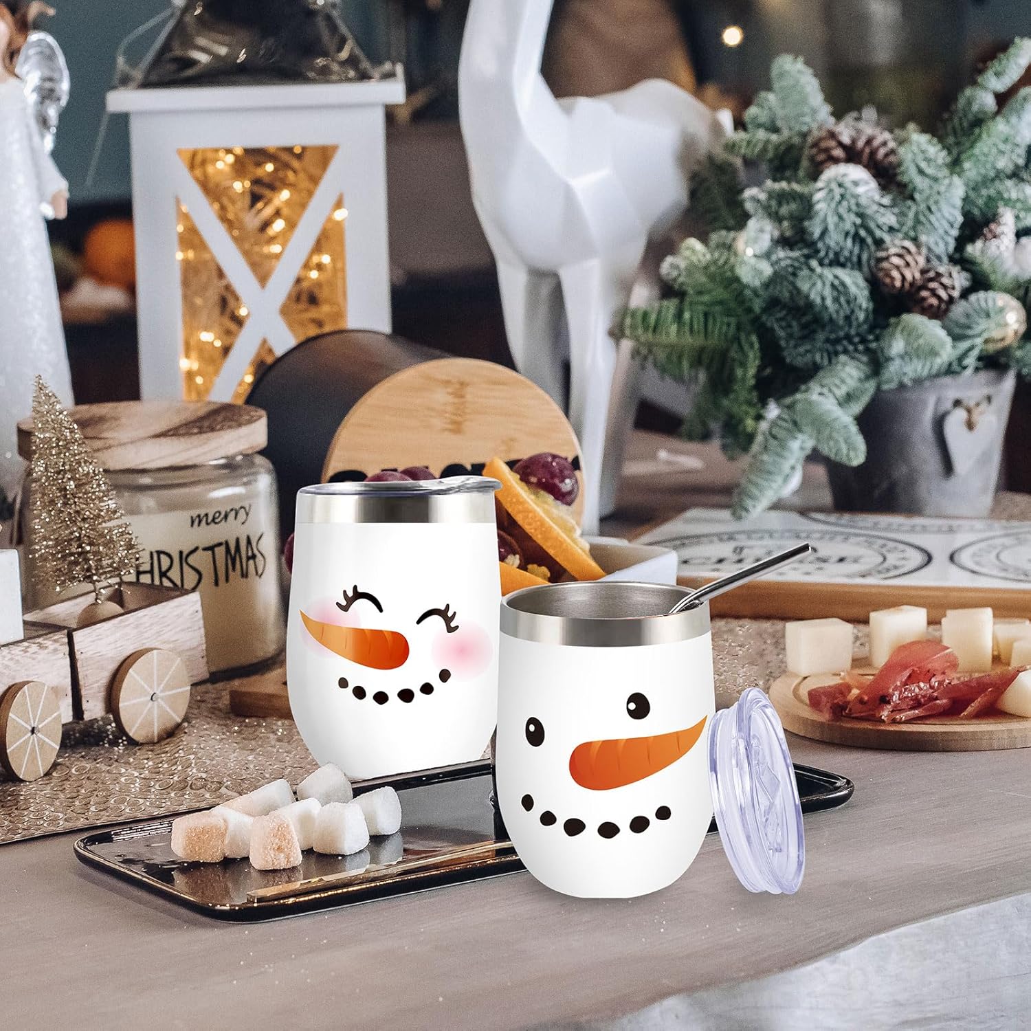 Whaline 2Pcs Christmas Stainless Steel Wine Tumbler 12oz Xmas Winter Snowman Insulated Coffee Cups Tumbler Mug with Lid and Straw for Women Girlfriend Besties Wife Lover Spouse Gifts - Image 7