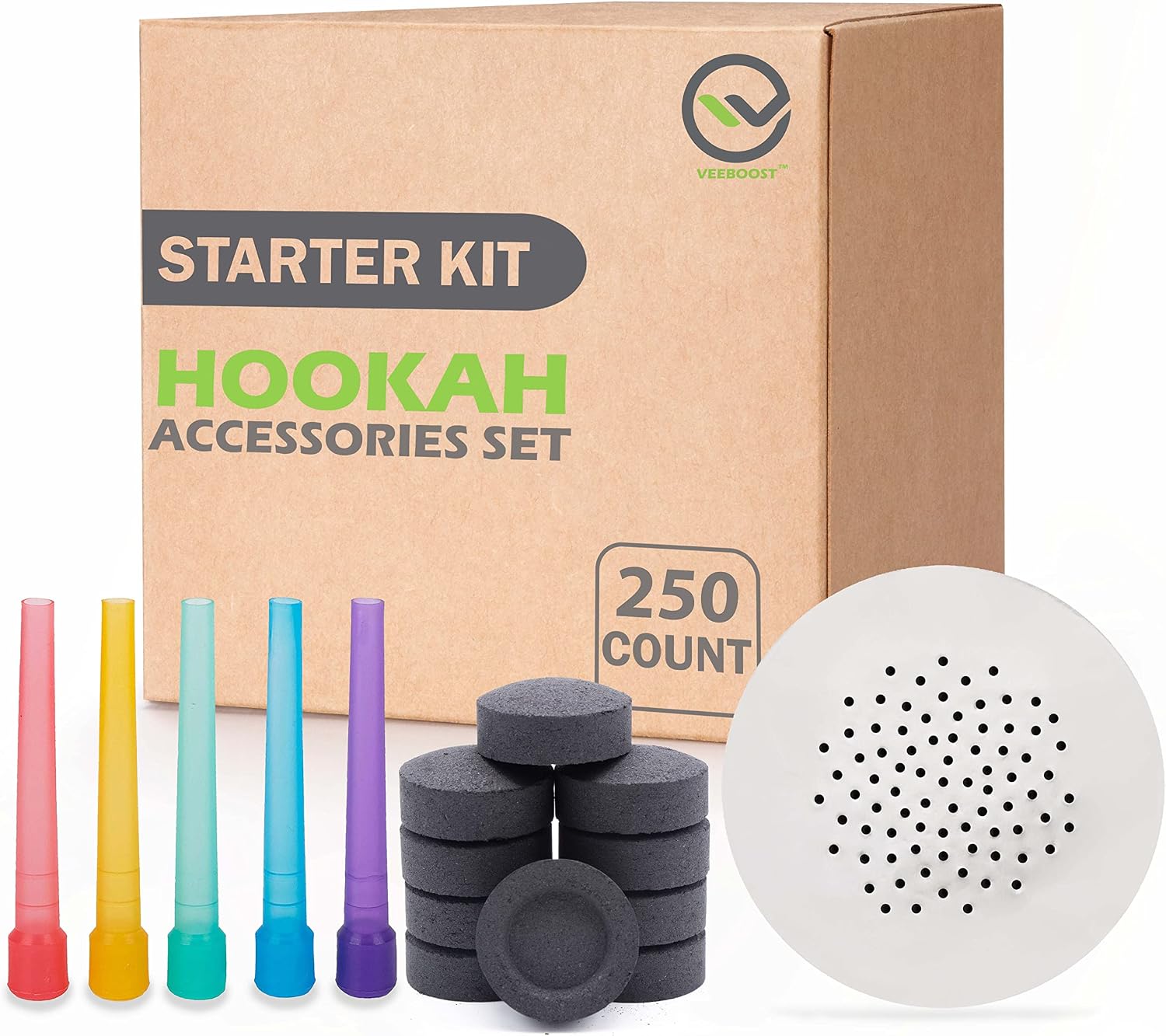 Hookah Accessories Set, Hookah Coals 100 Charcoal Tablets, 50 Disposable Tips Mouthpiece, and 100 Pre-Punched Aluminum Foil Sheets with Holes for Hookah Bowl (Long Tips)