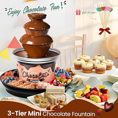 Miniatura 9 de Huanyu Mini máquina de fuente de chocolate de 3 niveles, 10 brochetas de bambú, bandeja de servir extraíble, fuente de fondue de chocolate de 16