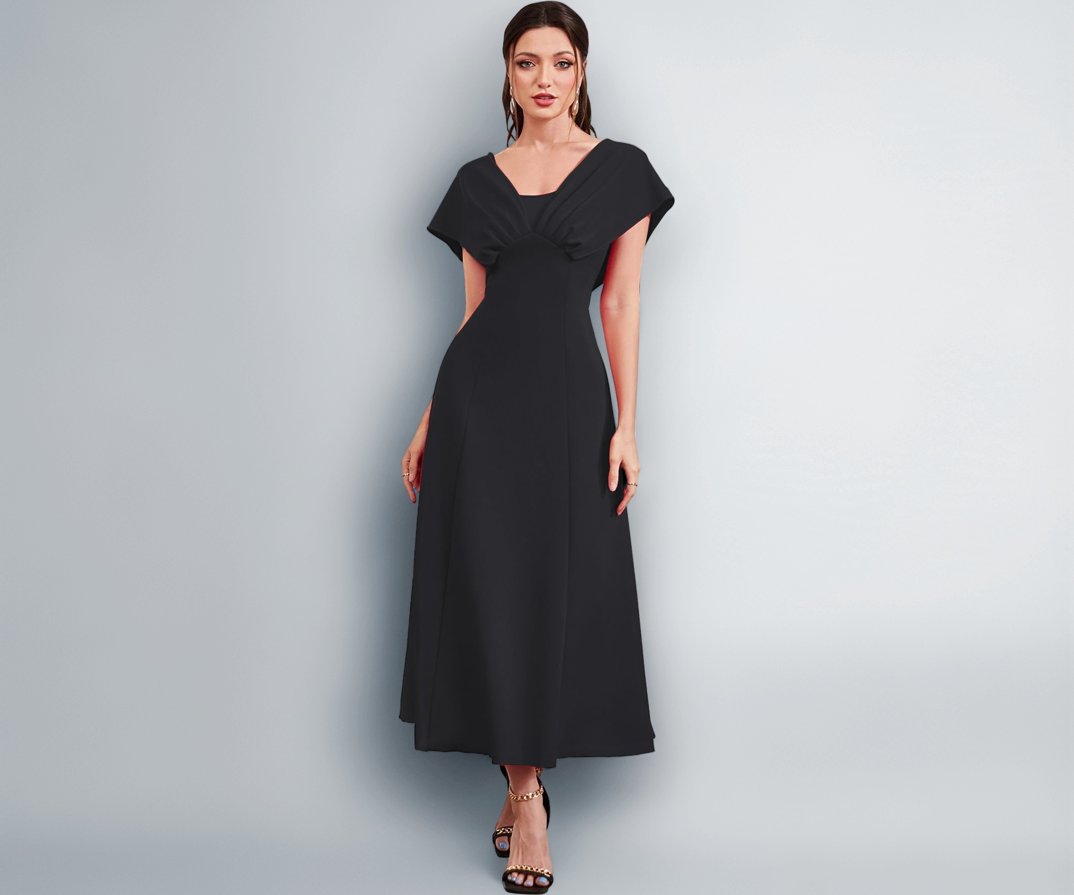 Buy Shasmi Women's & Girl's Black Solid A-Line Maxi Dress | V-Neck Pleated Bodice | Cap Batwing Sleeves