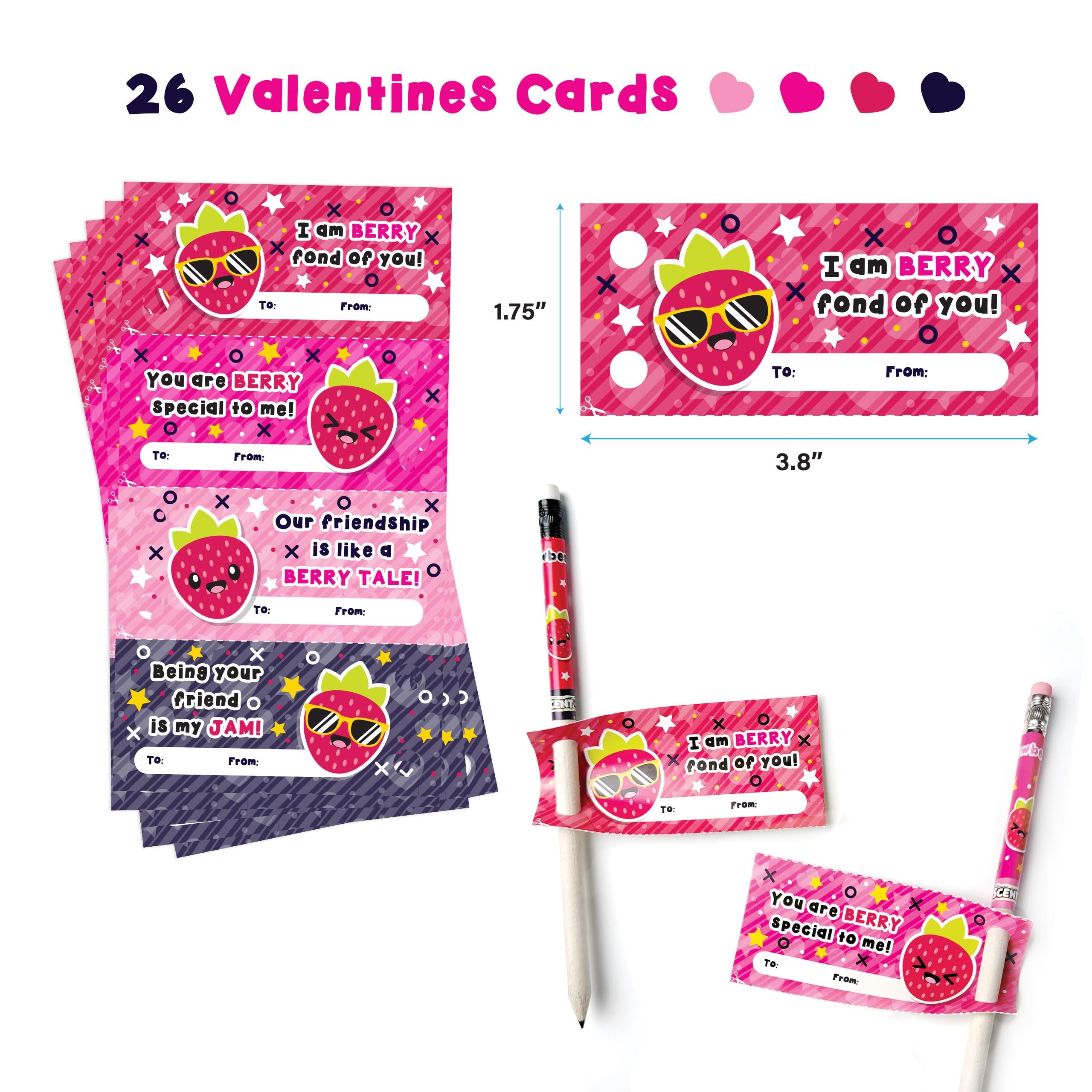 Valentines Scentcils – Crayons HB #2 brevetés parfumés à la fraise, 26 carats, fabriqués à partir de journaux recyclés, avec cartes de Saint-Valentin – Cadeaux pour enfants et fournitures scolaires