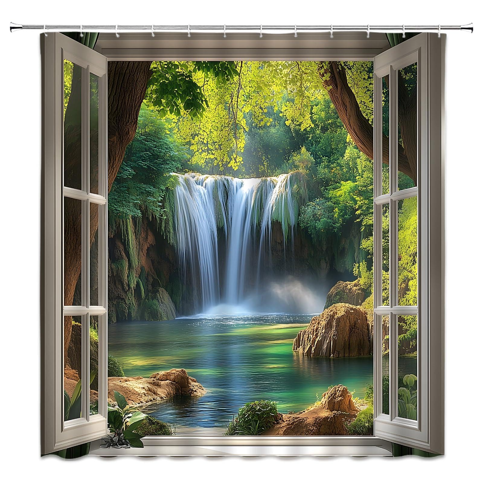 UIYIUI Forest Waterfall Shower Curtain 47X71in/120x180cm 3D Tropical Jungle Natur Scenery Bathroom Curtain, Garden Outdoors Lake River Waterproof Polyester Fabric Bathroom Decor Set with Hooks