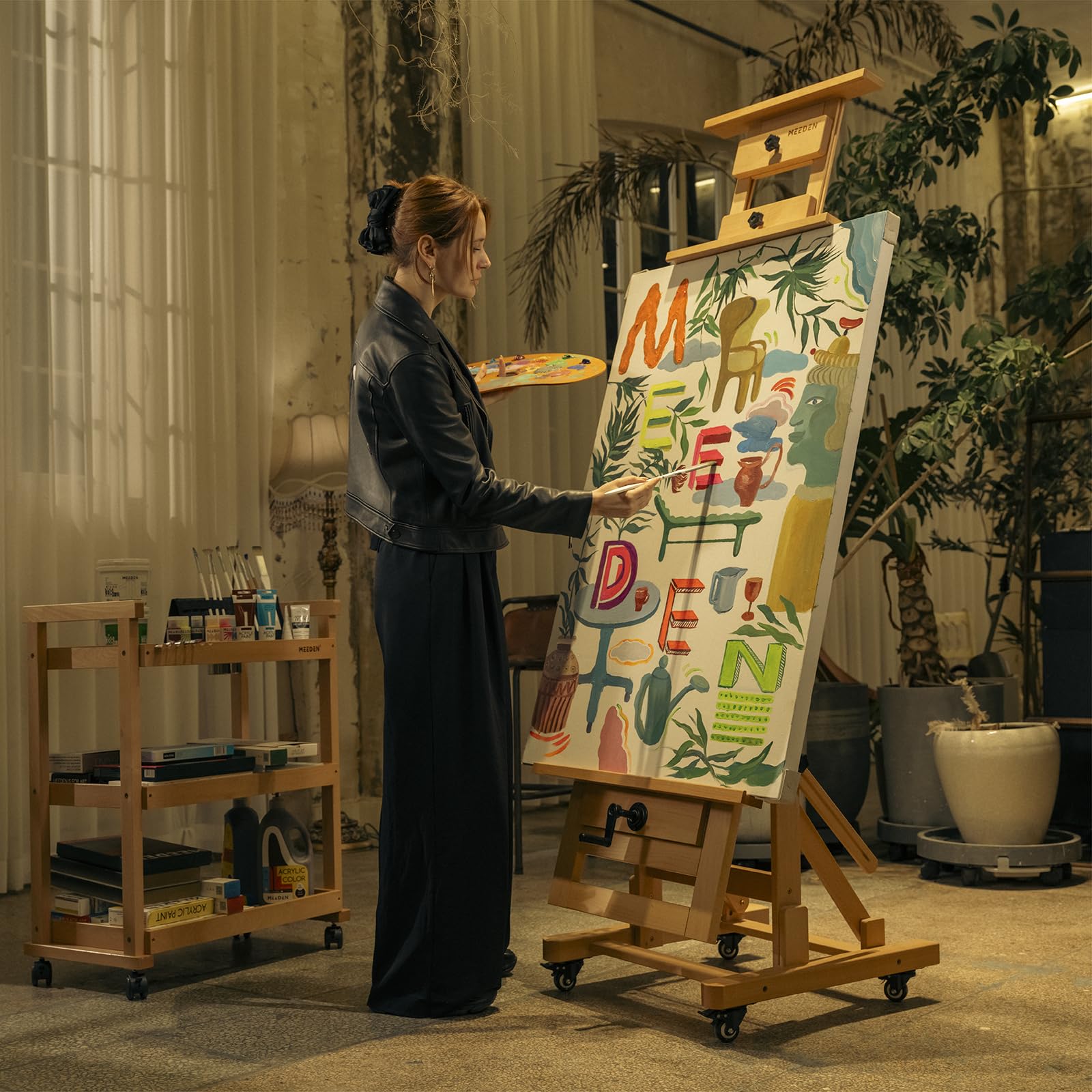 MEEDEN Caballete de estudio de manivela grande de lujo, caballete de pintura de artista resistente, madera de haya maciza con altura ajustable, caballete plano móvil e inclinable, soporta lienzo