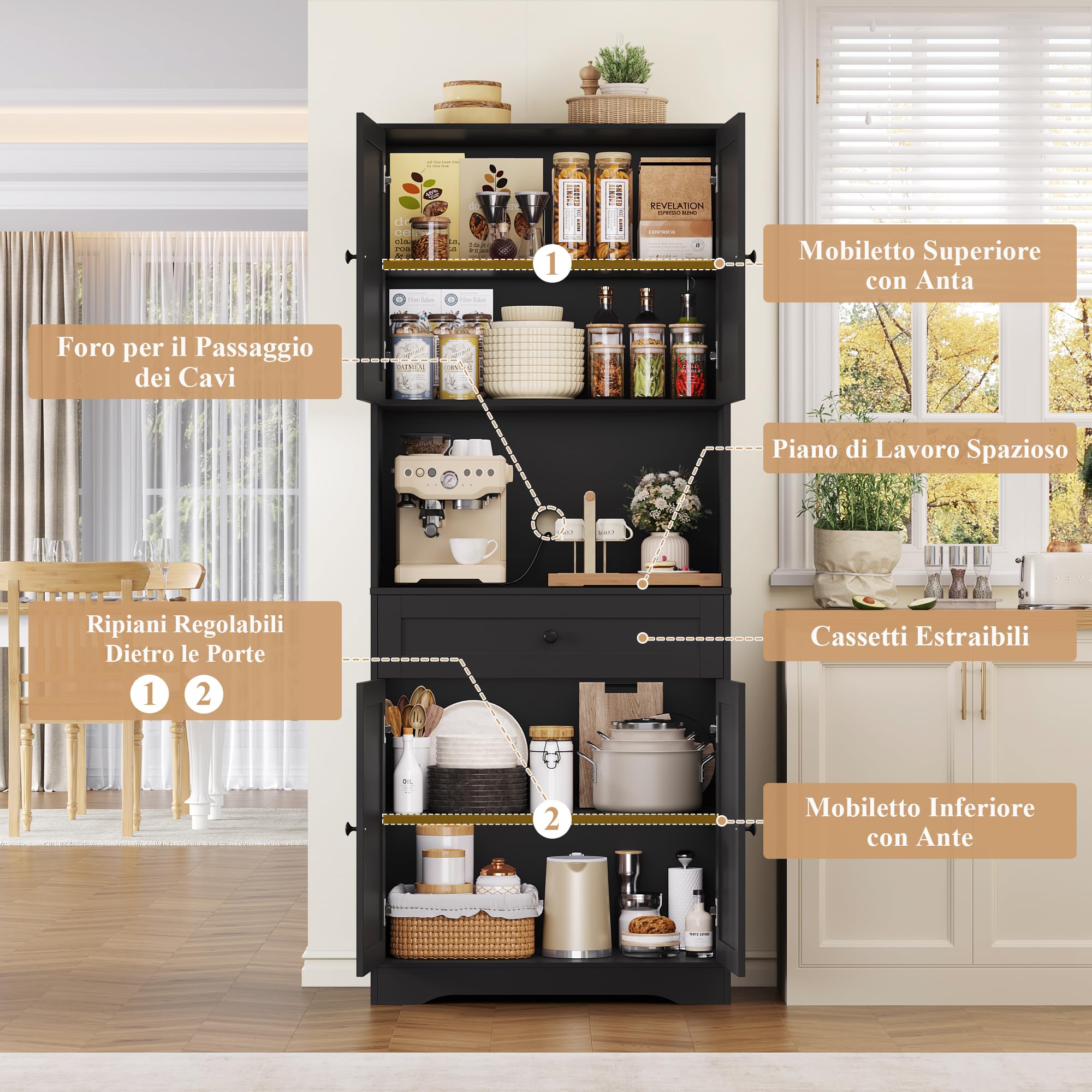 FOREHILL Credenza Cucina Alta 180CM, Mobile Dispensa Cucina con 4 Ante, Credenza Alta con Ripiani Regolabili e Grande Cassetto, Per Cucina, Bagno, Soggiorno, 75x40x180cm (Nero)