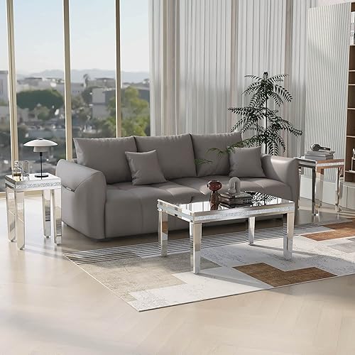 LUMISOL Mesa auxiliar de cristal con espejo con 2 cajones mesa rectangular plateada con asas de cristal y patas de altura ajustables mesa de cóctel