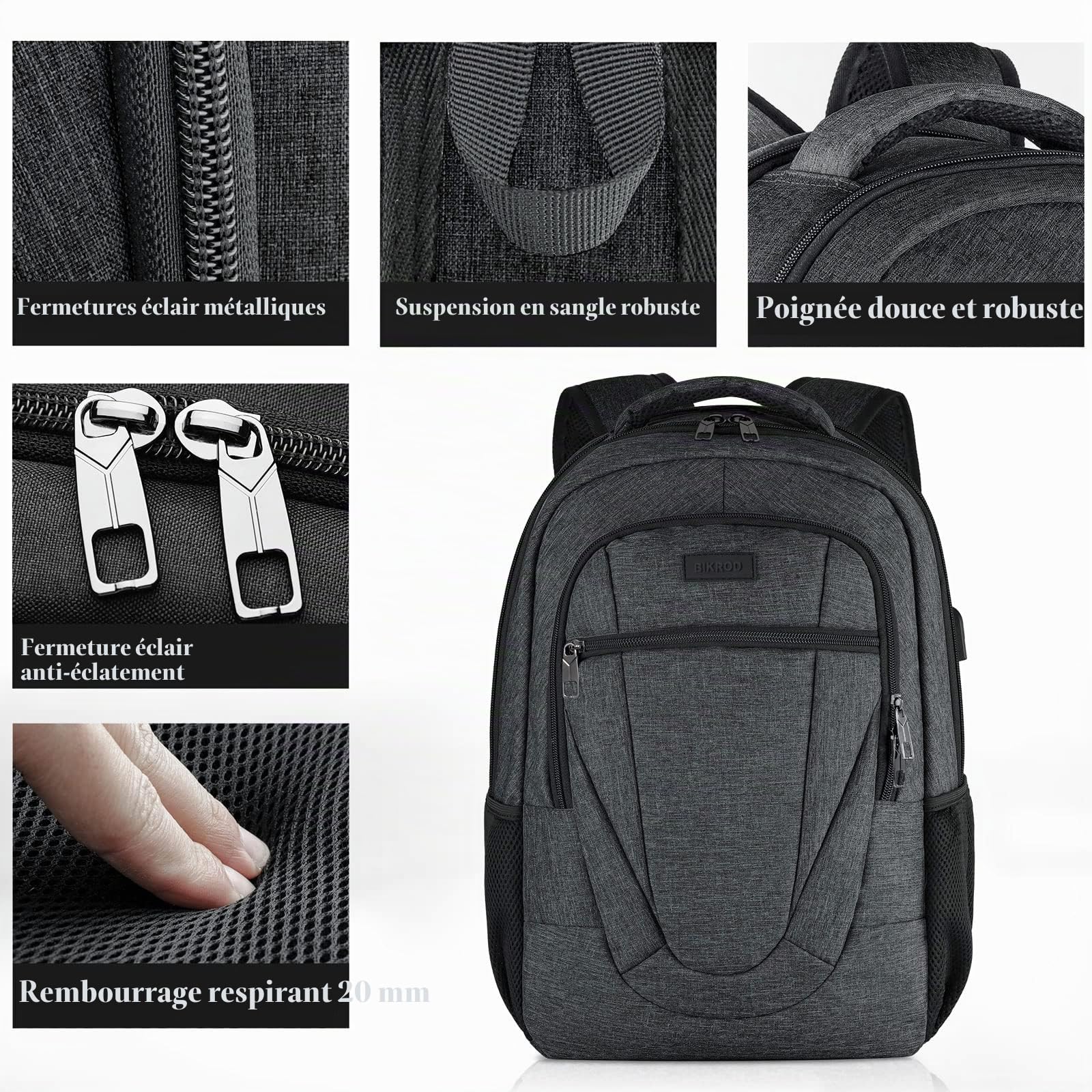 BIKROD Sac à dos pour homme, garçon, adolescent, grand sac étanche pour ordinateur portable de 17,3" avec port de charge USB, sac à dos pour le travail, les voyages, la randonnée avec poche antivol