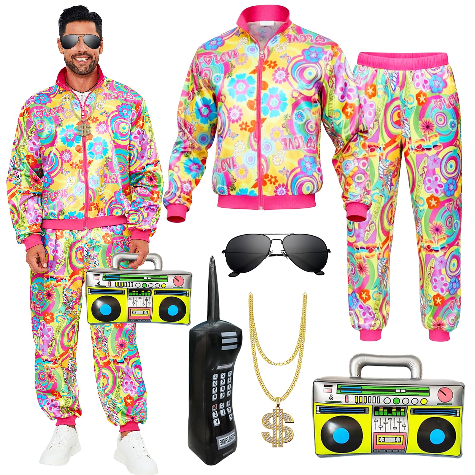 Xerteam 80s 90s Fancy Dress Men with Accessories, Retro 80s 90s Hip Hop Outfit for Adults, 80s Fancy Dress Set with 1 Sportswear Shirt Pant Hat Necklace Balloon Glasses (Dreamy Red, M)