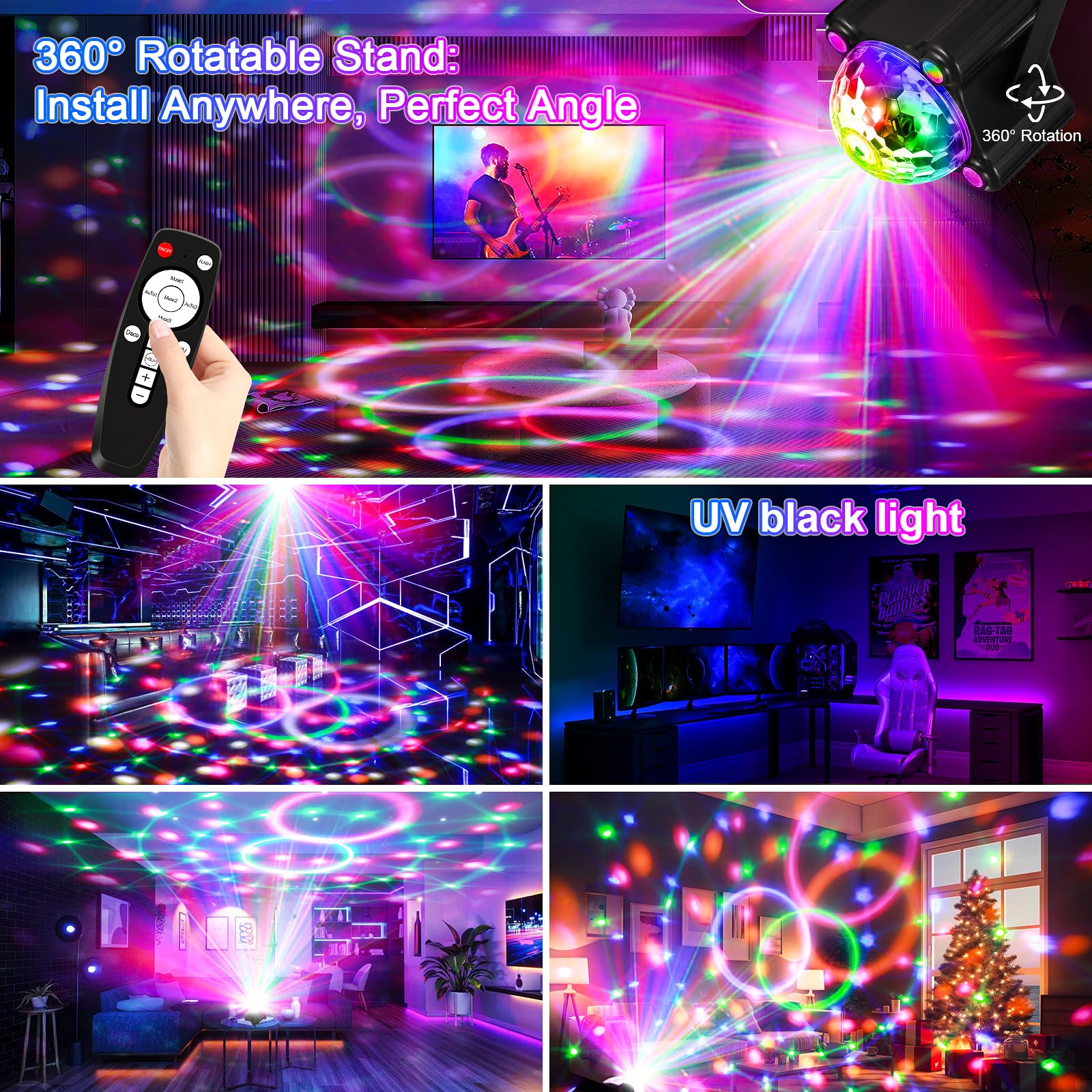 Aktywowane dźwiękiem lampki na imprezę dyskotekową, DJ Disco Ball z pilotem, stroboskopowe oświetlenie sceniczne lampa do wewnątrz, na zewnątrz, do domu, pokoju, tańca, na urodziny, karaoke
