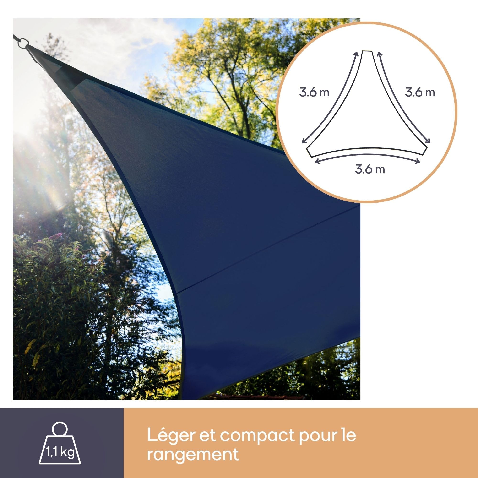Perel Voile d ombrage Triangulaire avec 100 LEDs Ciel Etoile, HDPE Respirant et Permeable, Protection UV 90%, 3.6 x 3.6 x 3.6 m eclairage LED Solaire, Shade sail pour Jardin et terrasse
