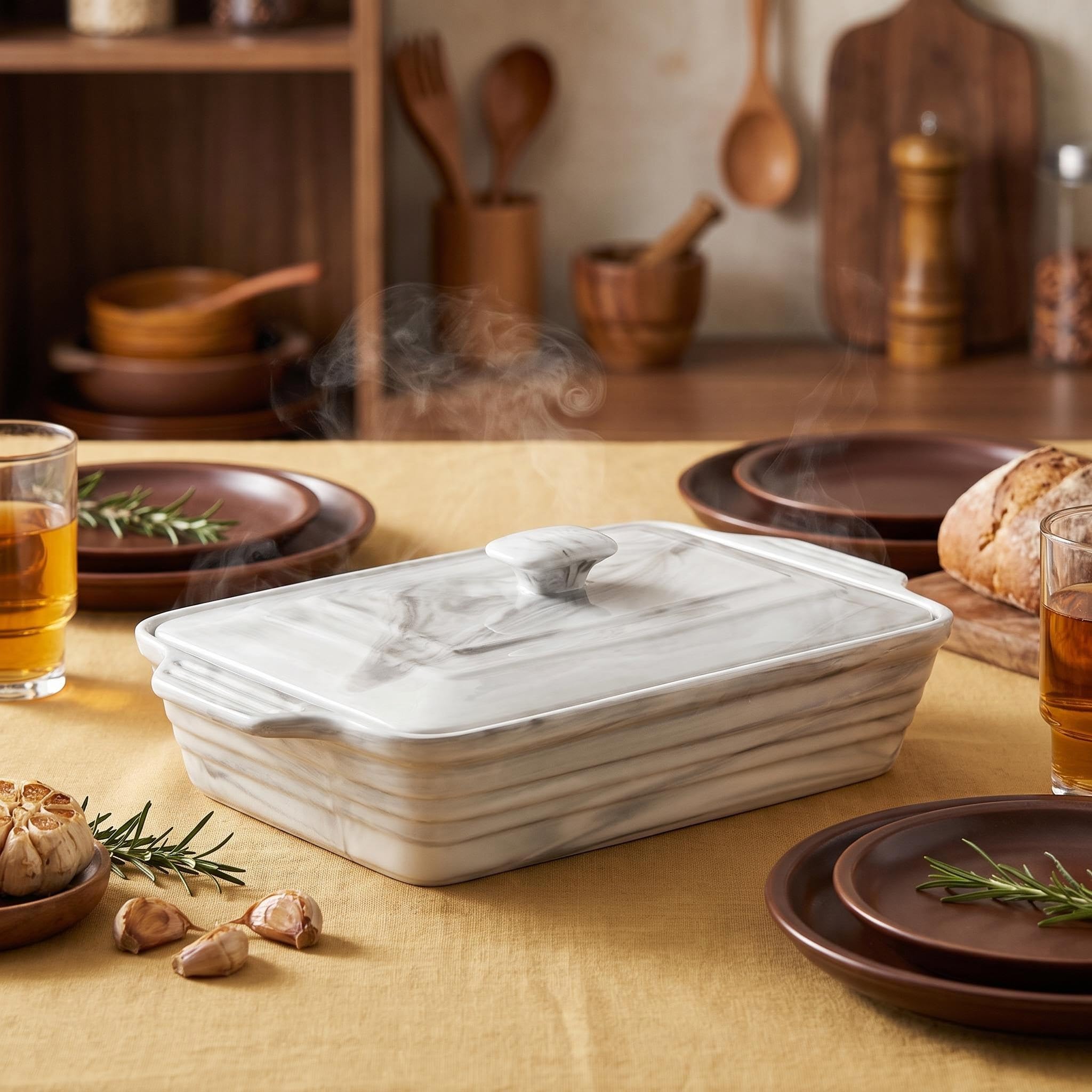 MALACASA Große Auflaufform mit Deckel, 4,4 Quart Keramik-Backform für Ofen, Lasagnepfanne tief mit Deckel, mikrowellen-, spülmaschinenfest, Serie BAKE-GREY