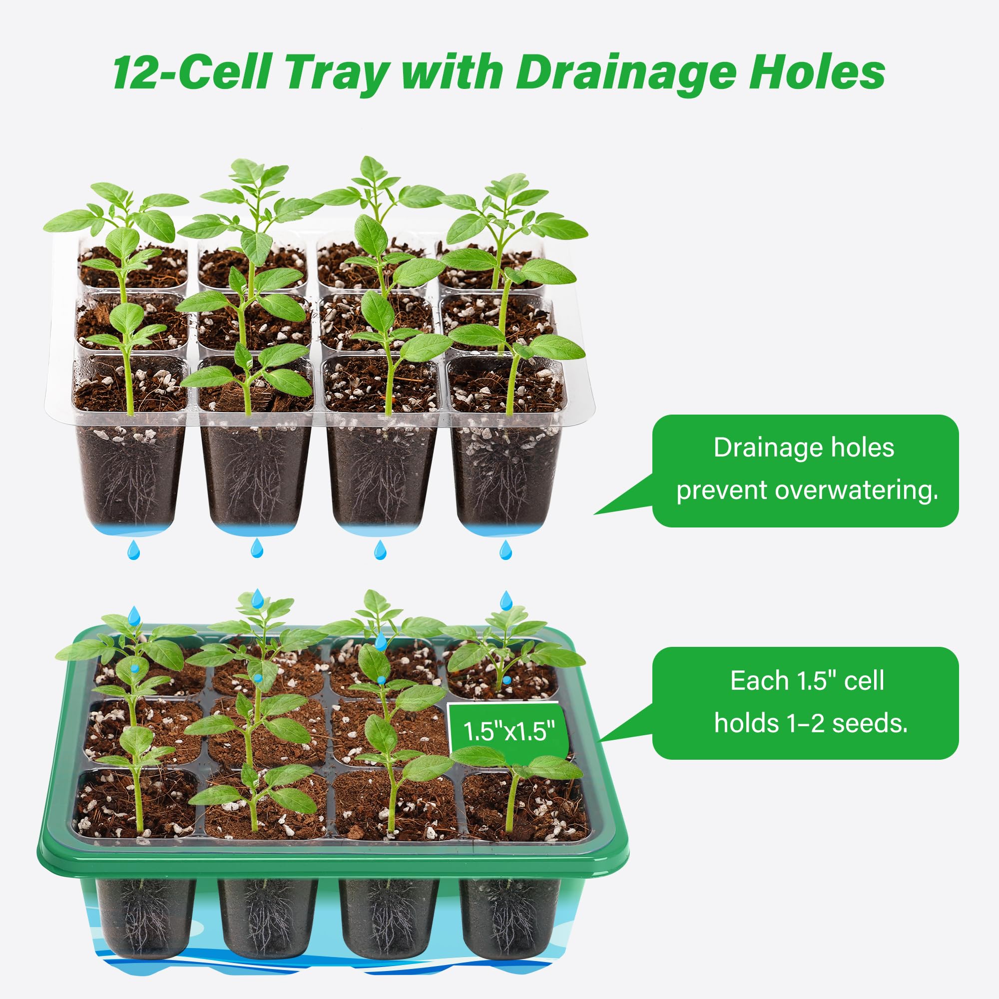 Bonviee 5-Pack Seed Starter Trays, Seed Starter Kit with Adjustable Humidity Dome and Base Indoor Greenhouse Mini Propagator for Seeds Growing Starting (12 Cells Per Tray, Green)