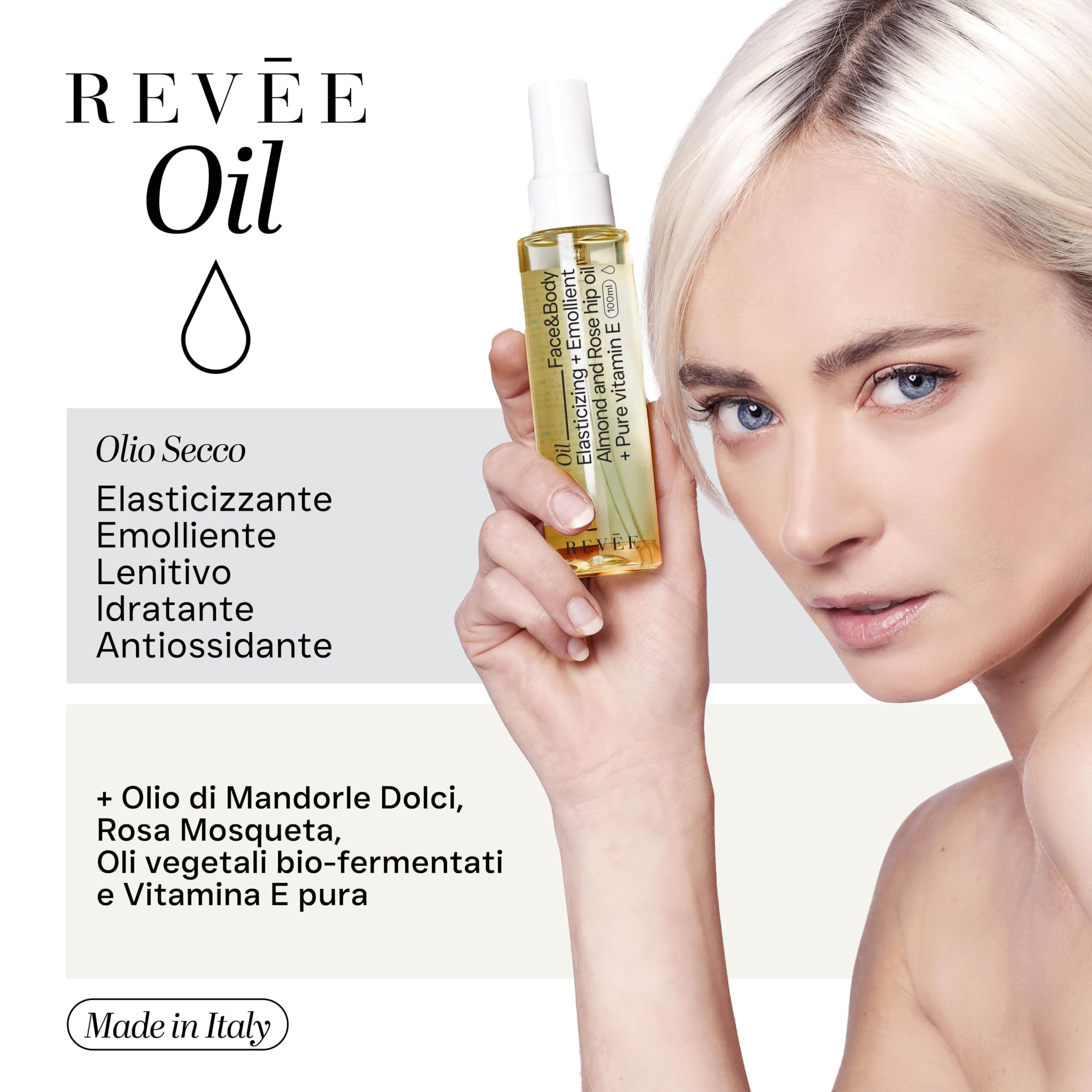 REVÉE OIL, Olio Secco Corpo e Viso - Mandorle, Rosa Mosqueta e Vitamina E – Elasticizzante, Lenitivo – Ideale per Pelle Secca, Cicatrici, Smagliature – 100 ml