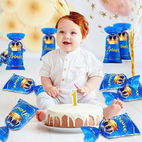 Miniatura 3 de Geyee 100 bolsas de regalo de plástico para fiesta de príncipe real, bolsas de dulces azules con lazos, bolsas de golosinas con 150 lazos dorados