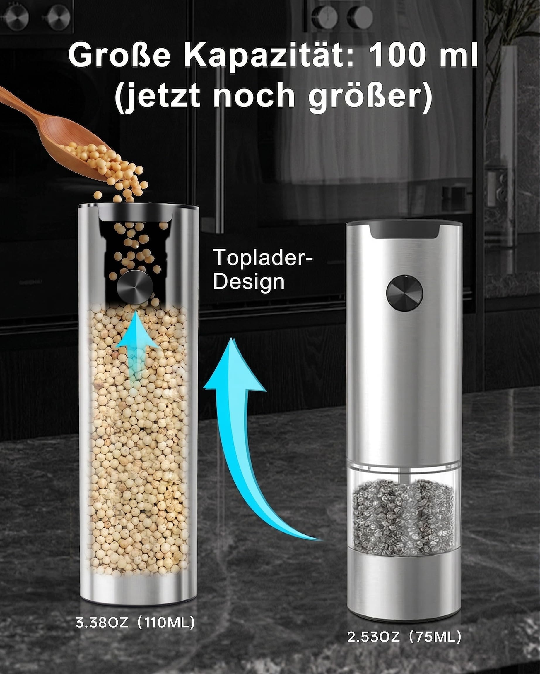 Salz und Pfeffermühle Elektrisch, Elektrische Gewürzmühle Set USB Wiederaufladbar Rostfreier Stahl mit Ladestation/6-Stufige Mahlgradeinstellung/Led-Licht, Küchenhelfer für die Küche