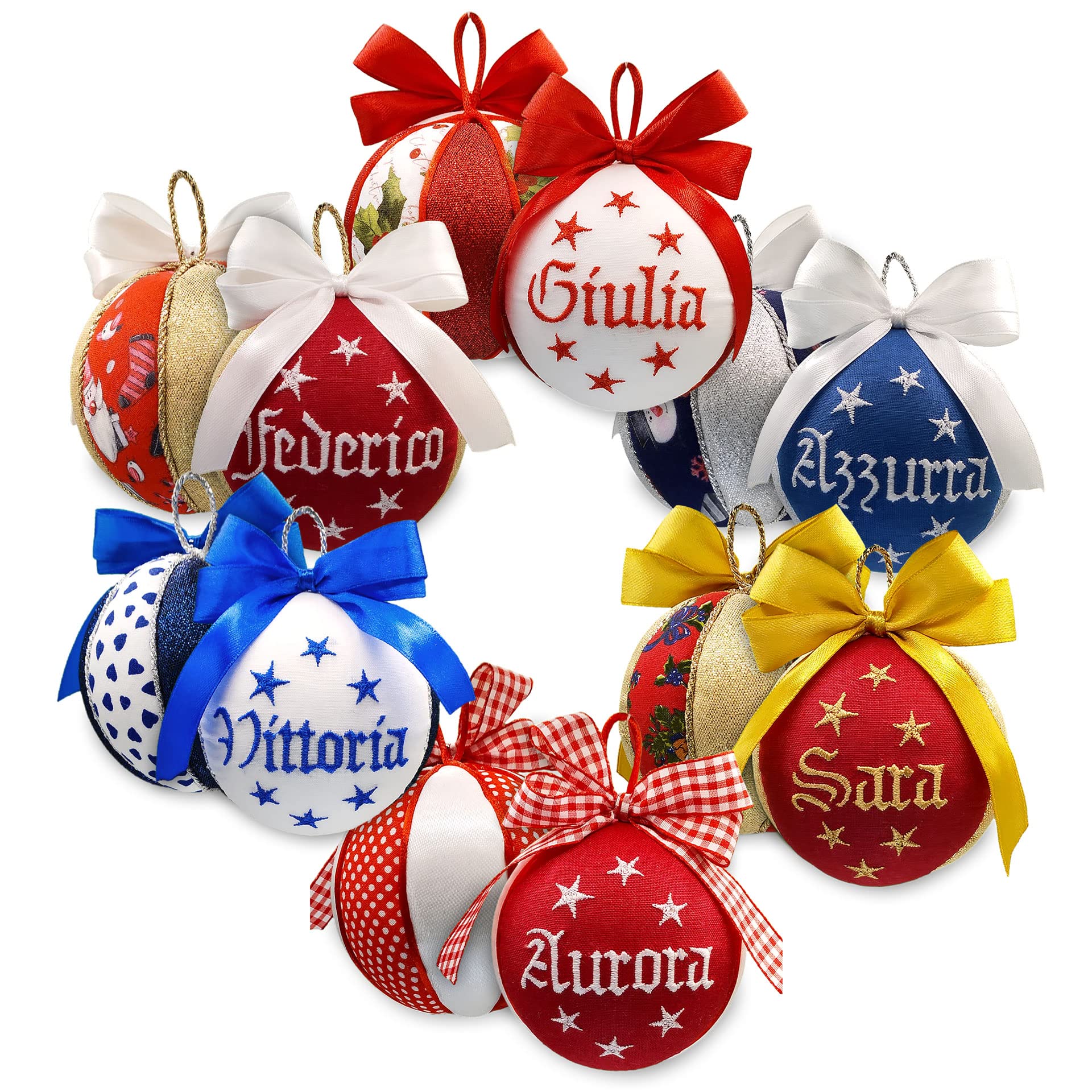 Set di 4 palline di Natale personalizzate con nome 8 cm – Decorazioni natalizie artigianali, pronte per regalo, confezionate singolarmente in eleganti scatole, Made in Italy