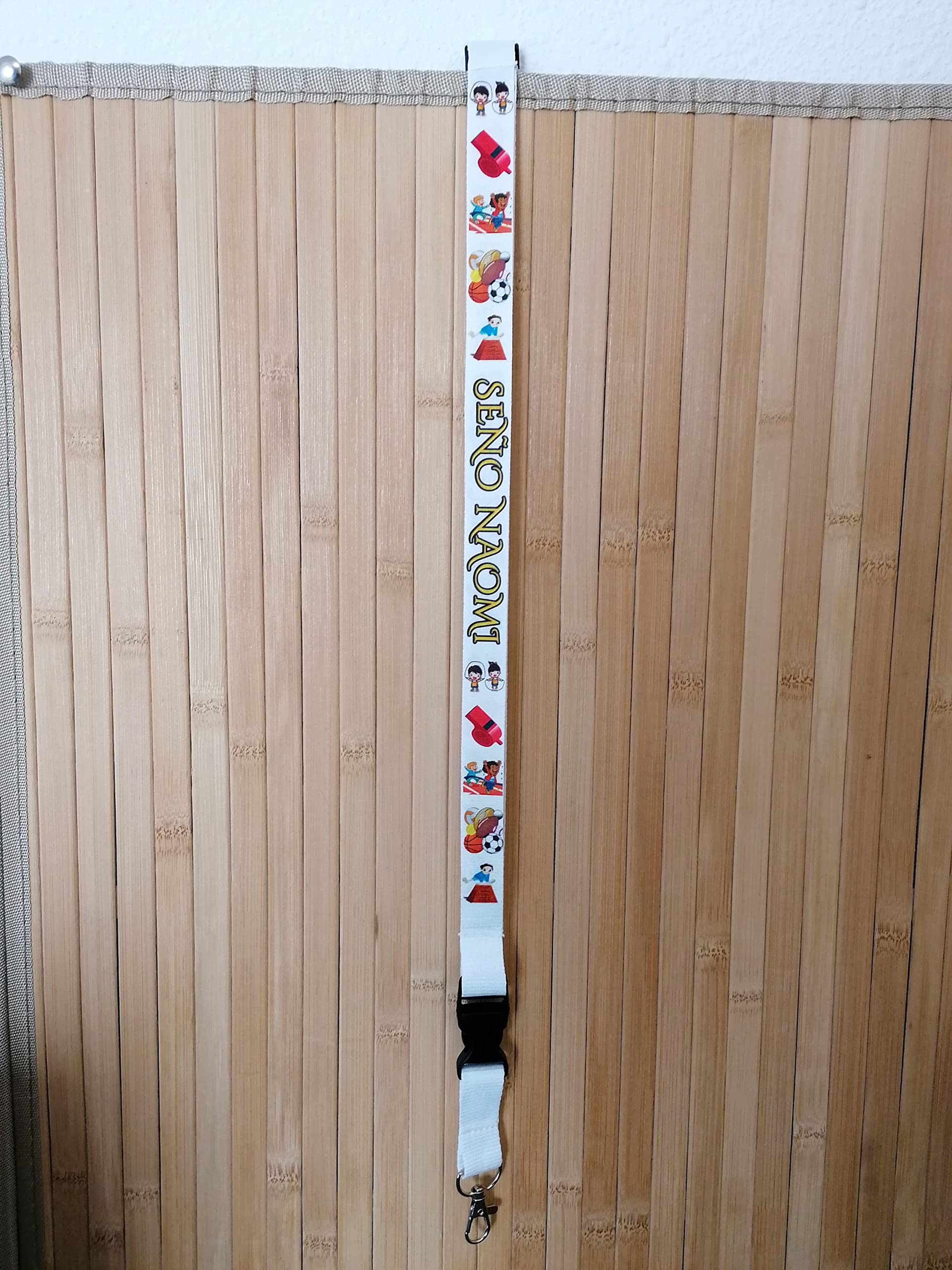 Lanyard Personalizado Gimnasia colegio SEÑO + NOMBRE o PROFE + NOMBRE o solo NOMBRE. Porta Tarjetas Identificativas. Decorado con silbato, potro, cuerda, pelotas, carrera