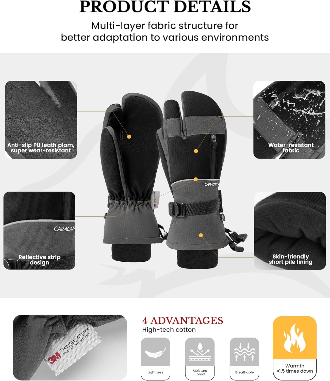 3-Fingers Ski Mittens for Men & Women Winter Snow Mitts Waterproof Gloves Warm 3M Thinsulate - Image 2