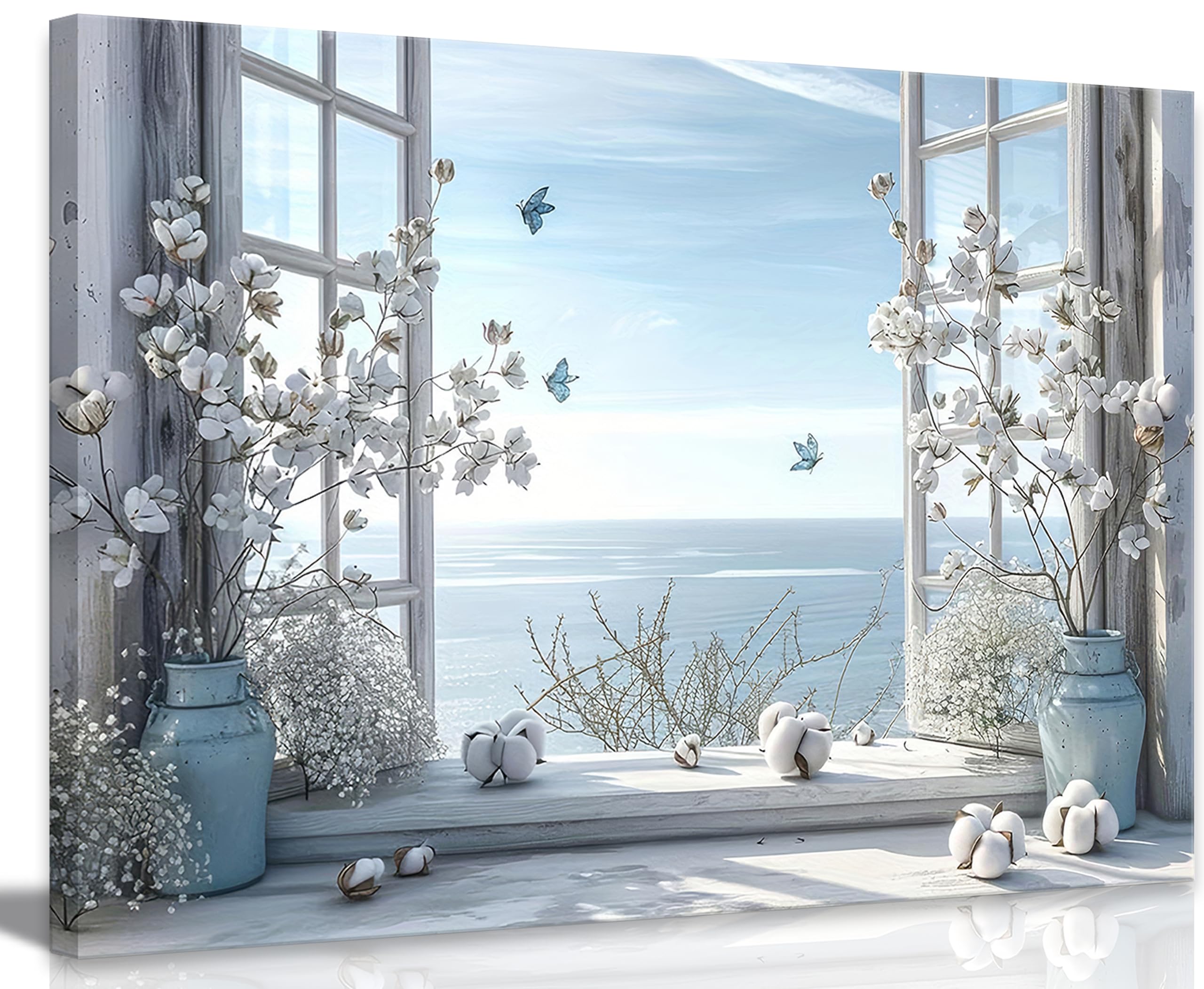 Coastal Flower Bathroom Canvas Wall Art