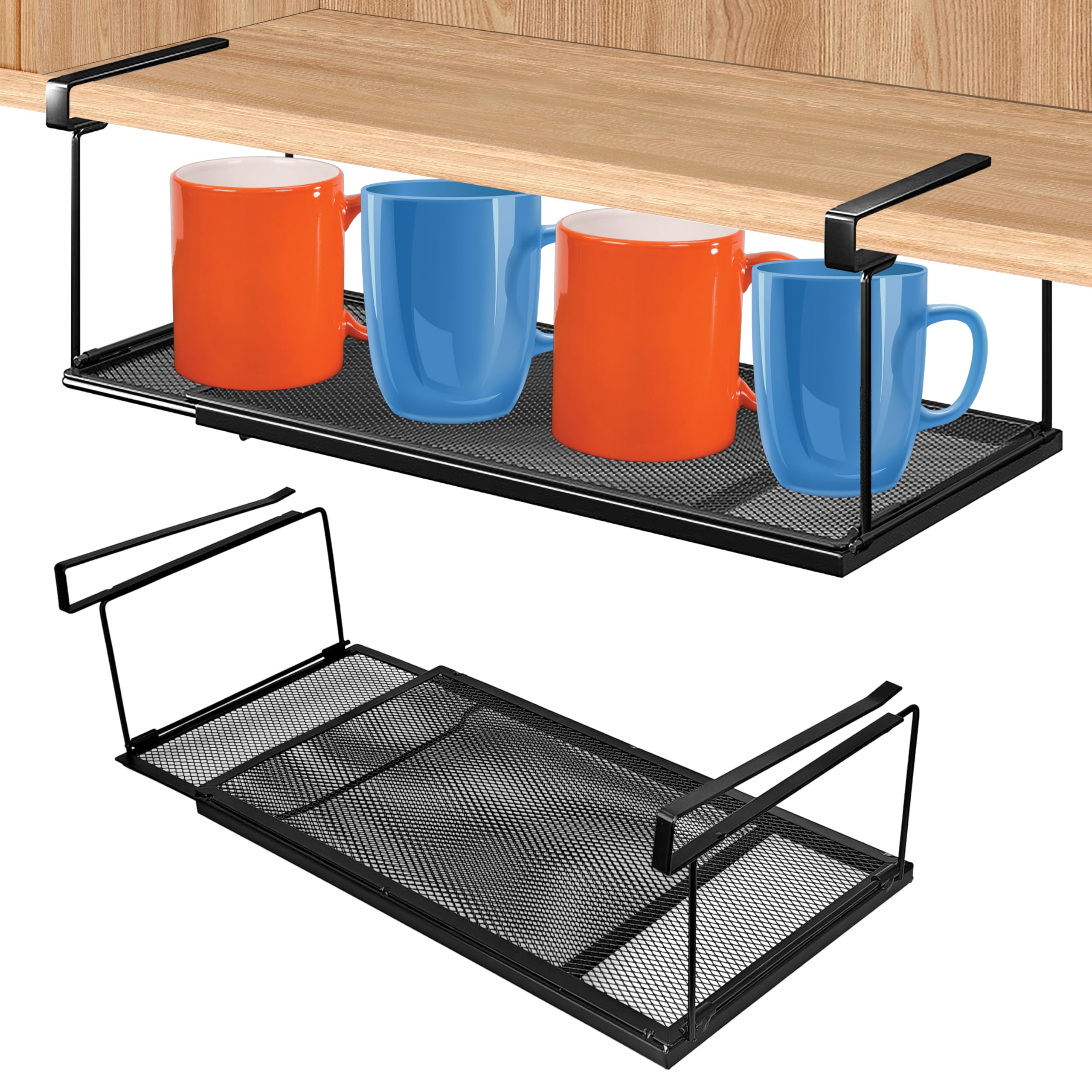 Pelizen Black Under Shelf Storage Baskets, Expandable Under Shelf Kitchen Storage, Hanging Pull Out Basket, Metal Closet Basket For Tin, Bottle (Black)