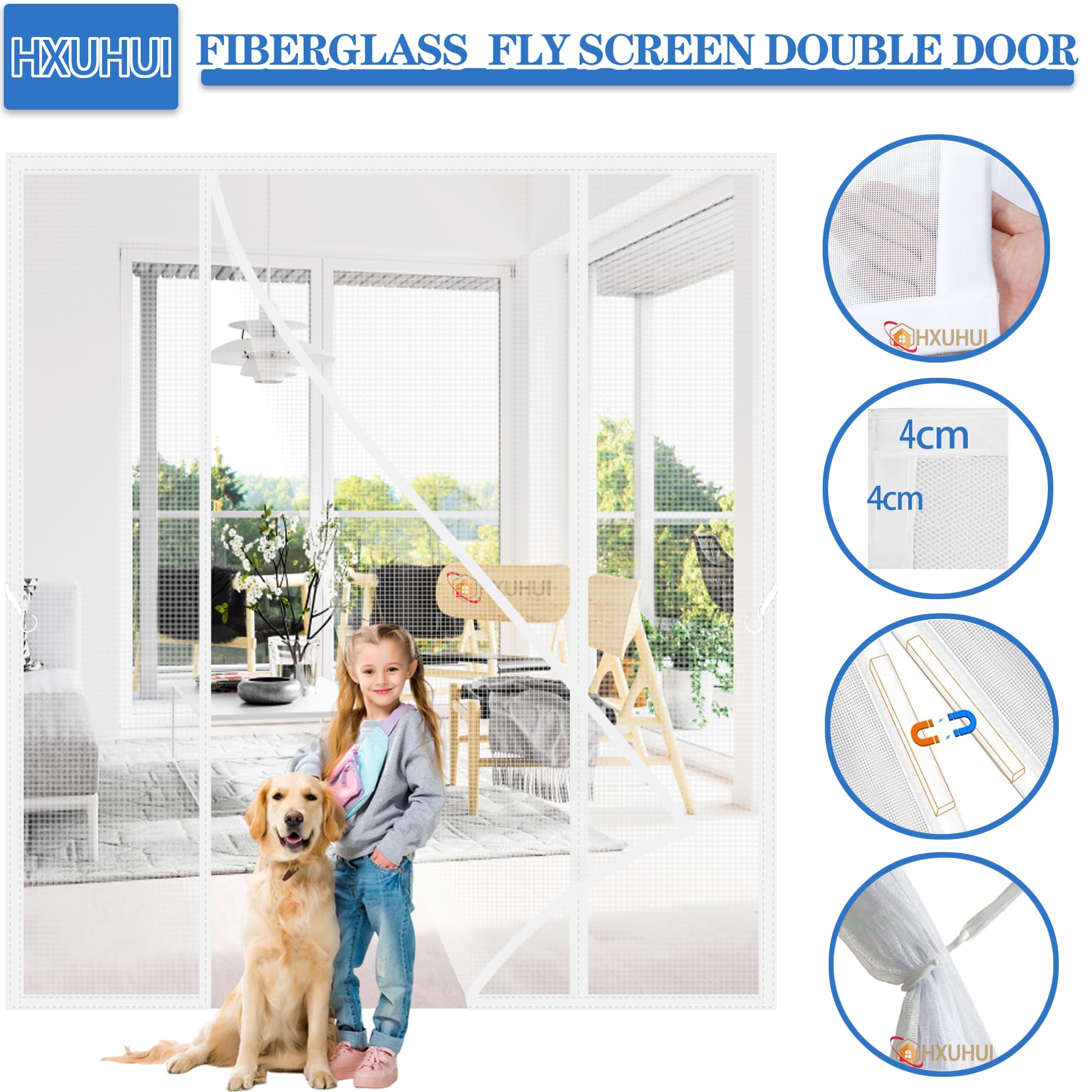 Mosquitera Puertas Abatibles Dobles 230x280cm Instalación sin taladrar, solo usa cinta adhesiva de alta resistencia para cerramientos de cristal y porches abiertos en verano Blanco