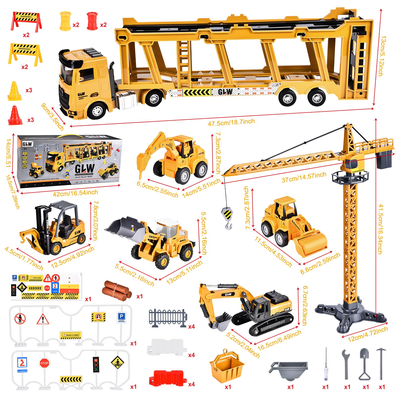 Herefun Vehículos Construcción Grandes, Camión y Grúa Con Sonido, Juguete Transportador Para Niños 3,4+
