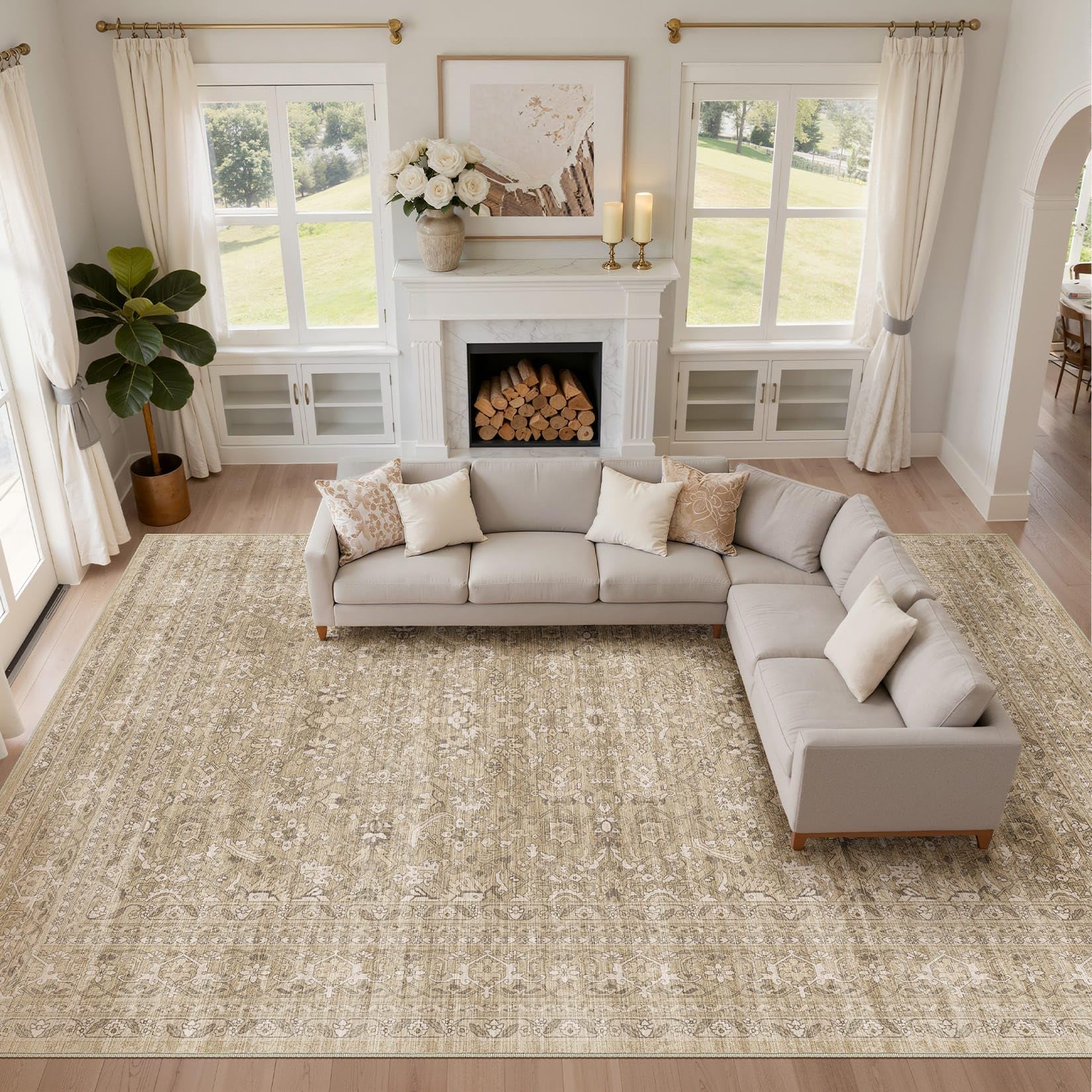 LOONGRUG 10x14 Area Rugs Washable Vintage Floral Living Room Rug Brown