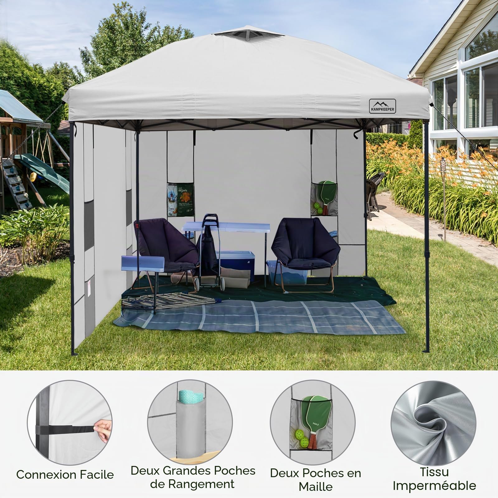 KAMPKEEPER Lot de 2 Parois Latérales 183 x 305 cm pour Tonnelle Pliante, Polyester 210D Imperméable UV 99%, avec 4 Poches, Montage Rapide, Compatible Barnum Pop Up à Pieds Droits