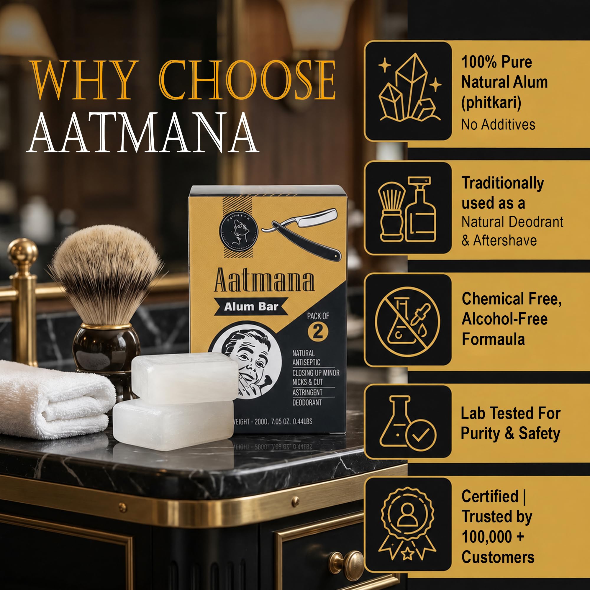 Shaving Alum Bar 100 g | Opakowanie 2 aluminiowych prętów | Premium Quality Potassium Shaving Alum Bars, 3,53oz | No Fragrance | Stops Bleeding Due to Minor Nicks & Cuts After Shaving