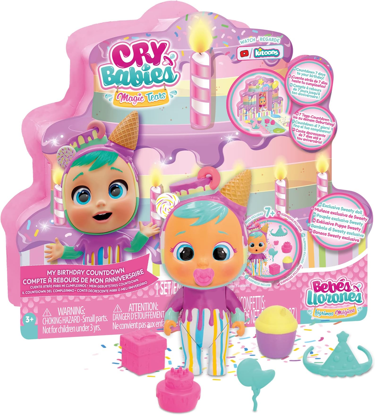 Cry Babies Magic Tears, Sweety's Birthday Countdown | Calendar Countdown to your Birthday with the exclusive Sweety doll and 6 Accessories - Toy and gift for boys and girls +3 Years