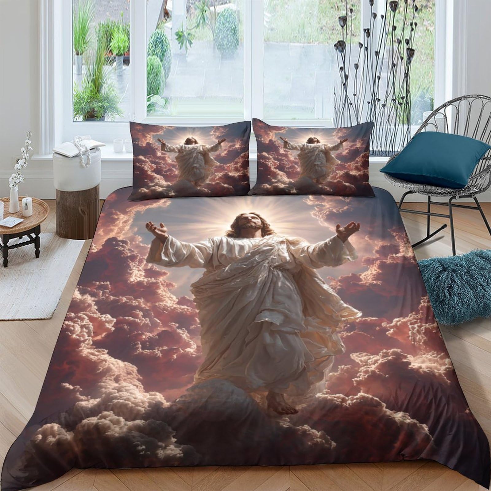 Ctjqhvkz Style-10 3D Printed Ascension Clouds Fitted Sheet Microfiber Bedroom Decor Jesus Resurrection Mattress Cover Soft Protection Single（135X200cm）