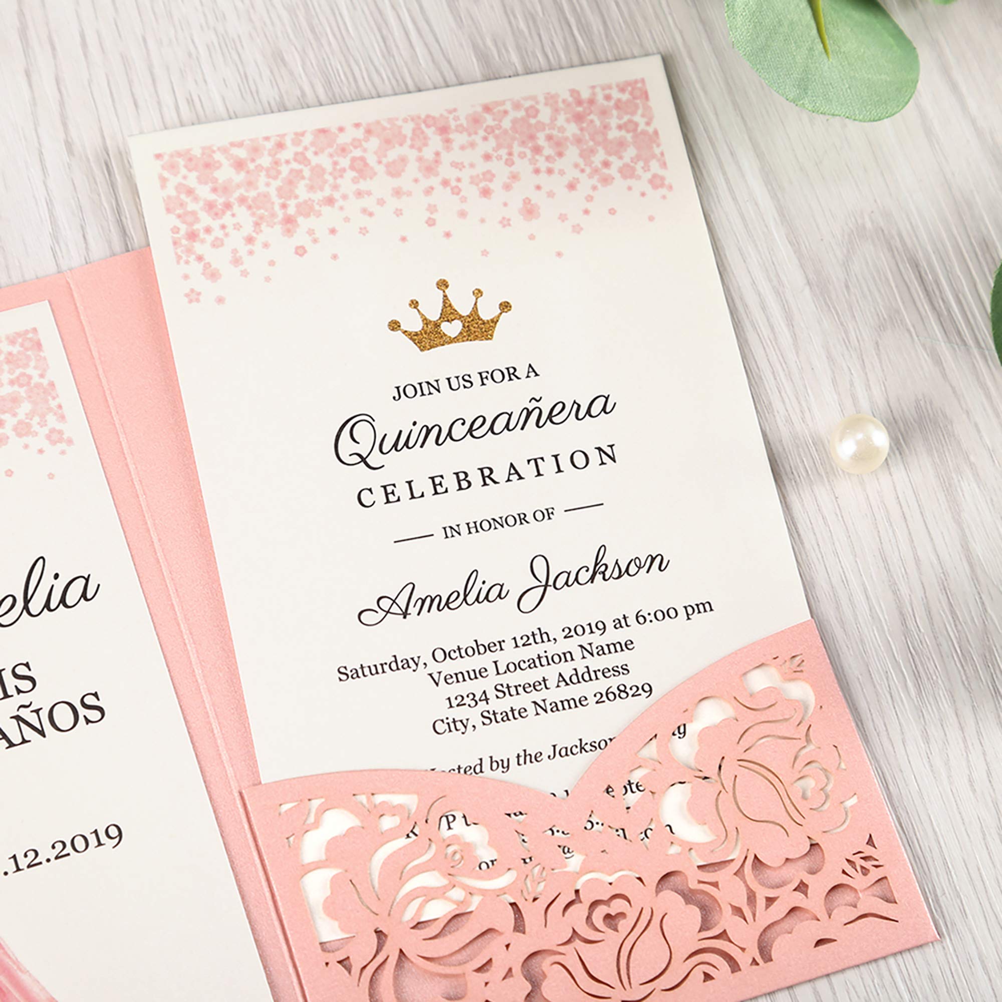 DORISHOME 4.7x7 Inch 50PCS Personalized Pink Quinceanera Invitations