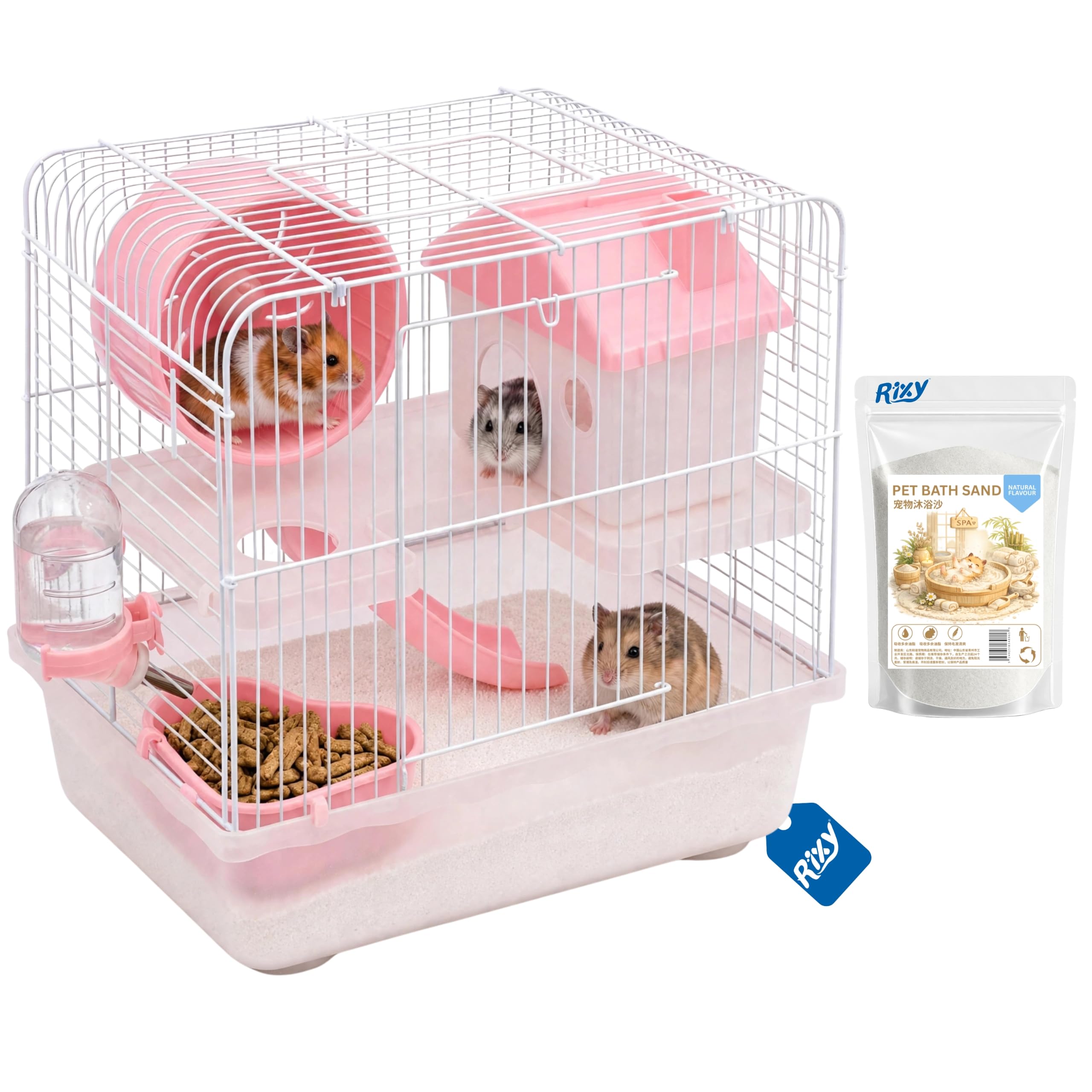 Rixy Metal Hamster Cage (Colour May Vary) | Transparent Habitat Cage with Free Bath Sand (200 g) + Exercise Wheel (1) + House (1) + Slide (1) + Food Cup (1) + Water Bottle (1) for Hamsters & Small Pet-image-9