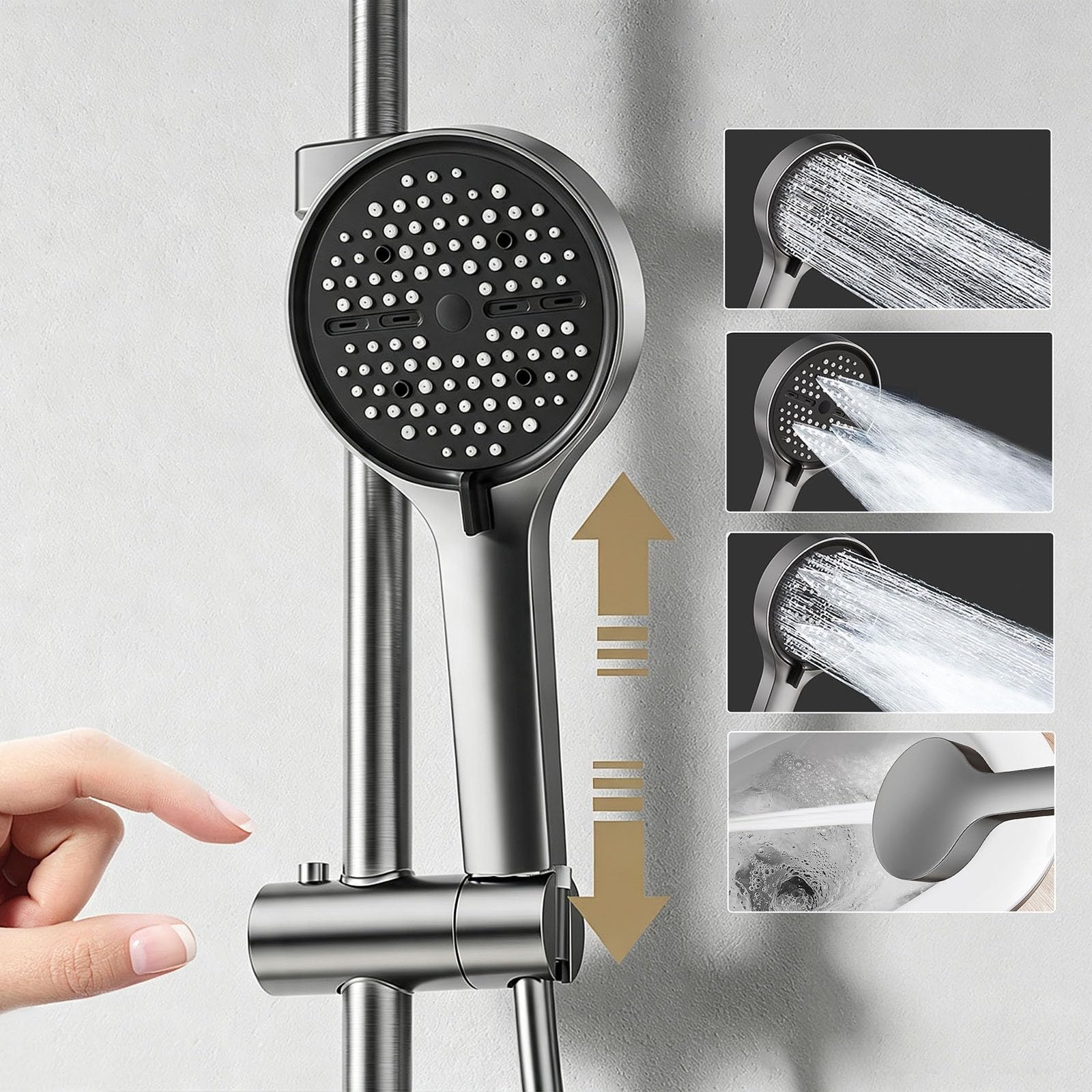 Colonna Doccia con Cascata e Soffione Doccia Rotondo Regolabile | Grigio Canna di Fucile Doccetta in Abs Kit Doccia a Muro Moderna Altezza Regolabile