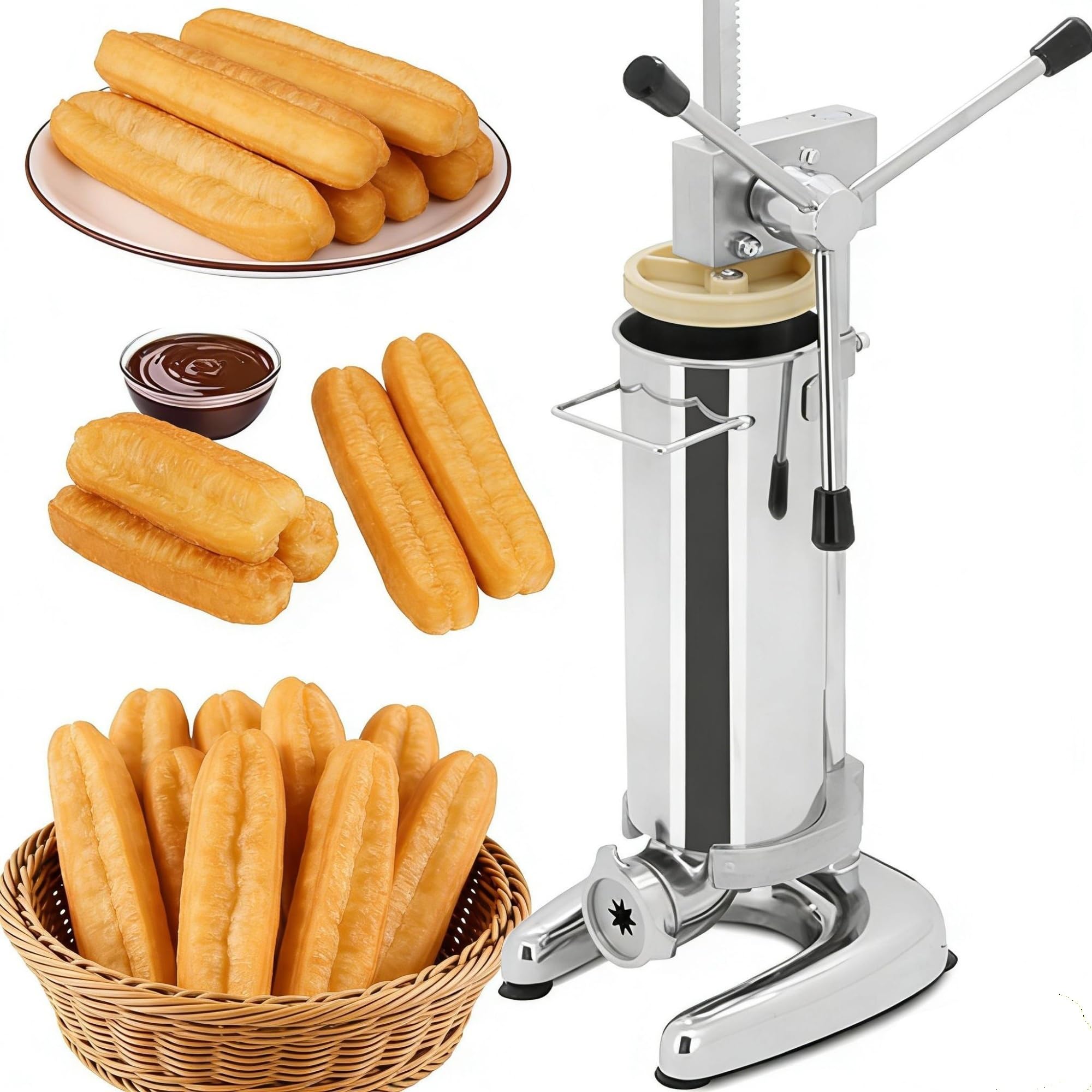 Máquina comercial para rellenar churros Churrera manual de acero inoxidable Con 5 moldes Equipo para hacer donas de frutas españolas(2L)