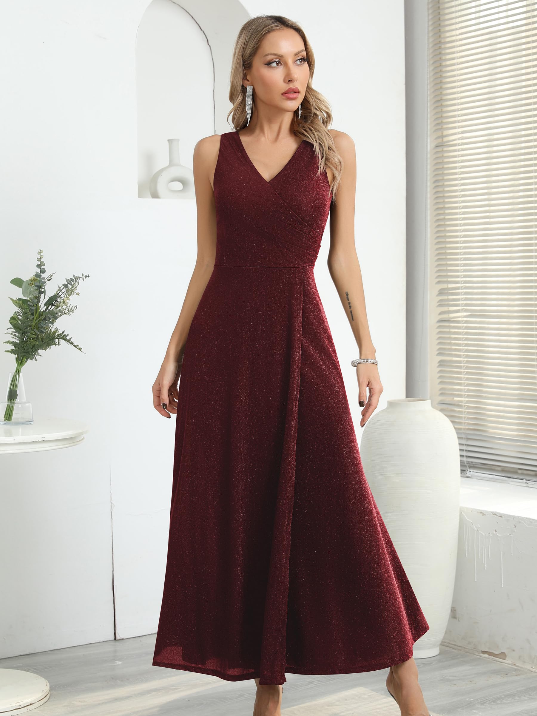Missufe Elegante vestido cruzado para mujer, vestido de noche, vestido de cóctel, vestido de baile, vestido largo de boda, festivo, cuello en V, con abertura
