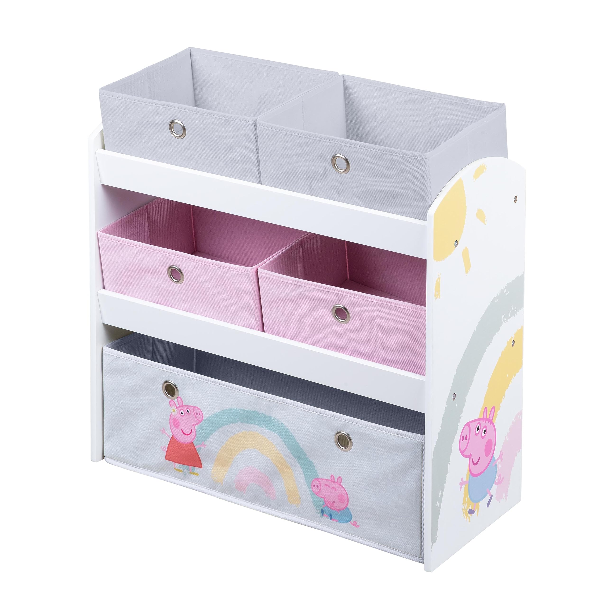 roba Estantería de Juguetes Infantil de Madera Peppa Pig - 5 Cajas de Tela Desmontables - Diseño de Cerda - Mueble de Almacenamiento para Juguetes y Libros - Rosa/Gris