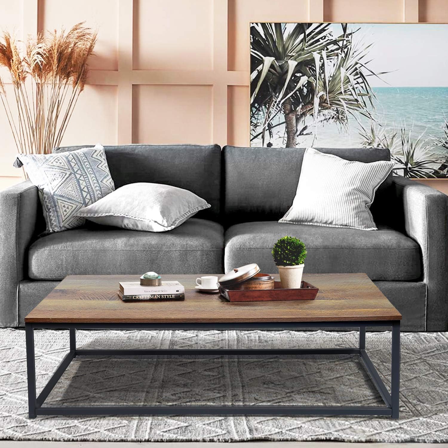 Avilia Elegante Tavolino Moderno in Legno di Acacia e Metallo - Stile Contemporaneo - Tavolino basso - 115x65x32,5 cm, Marrone e Nero